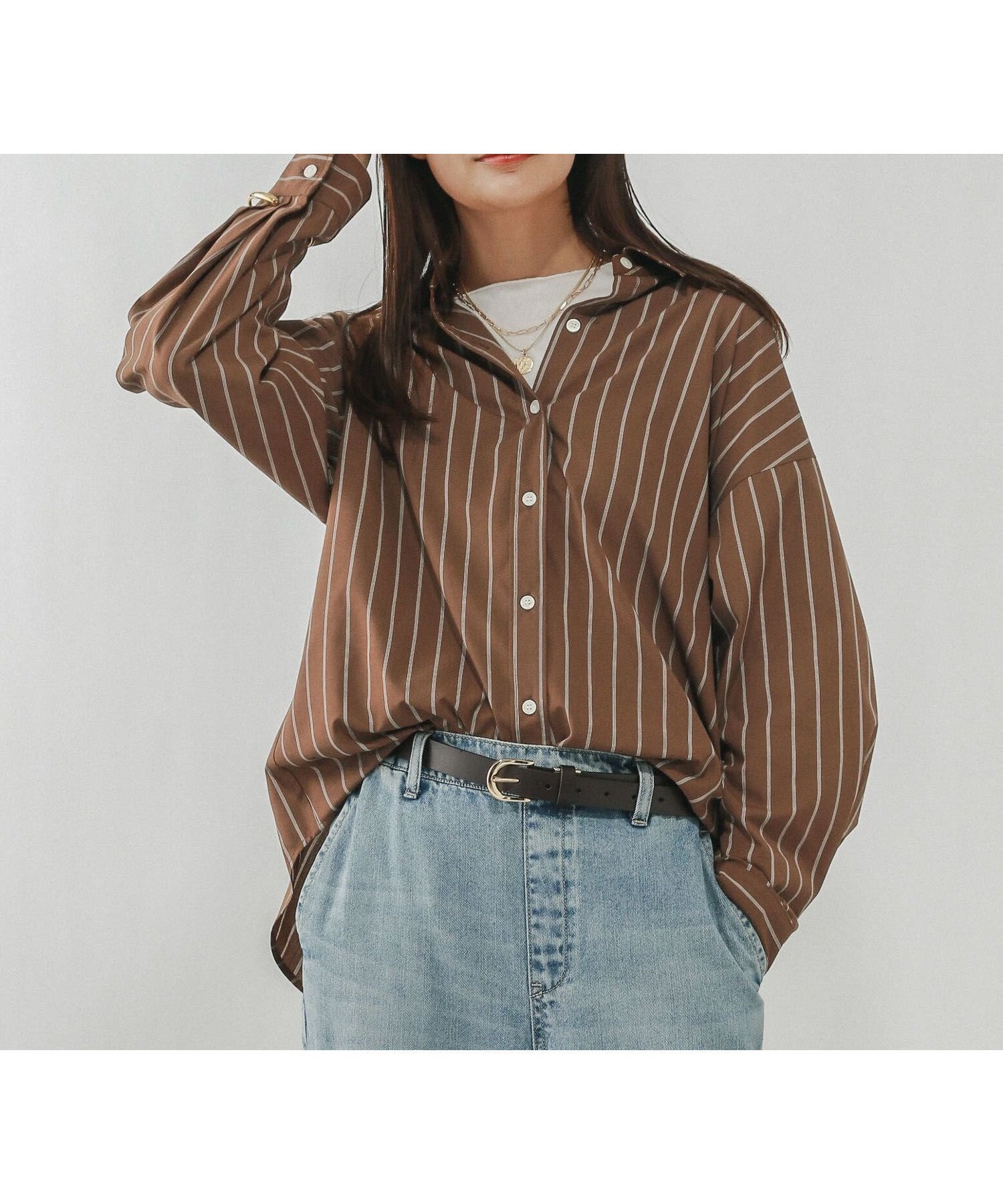 【グローバルワーク/GLOBAL WORK】の365日マイスタイルシャツ/571317 インテリア・キッズ・メンズ・レディースファッション・服の通販 founy(ファニー) 　ファッション　Fashion　レディースファッション　Fashion for Women　トップス・カットソー　Cut & Sew Tops　シャツ・ブラウス・オフィスカジュアル　Elegant Blouses & Button-Ups　おすすめ　Recommended / Our Picks　オケージョン　Occasion Wear　セレモニー　Ceremony　ベーシック　Basic, Essential　ボトム　Bottoms, Lower Wear　ワイド　Wide, Wide Fit　ビジネス 仕事 通勤　Business / Work / Commuting　羽織　Haori, Light Jacket　ブラウンストライプ55|ID: prp329100004792467 ipo3291000000035350195