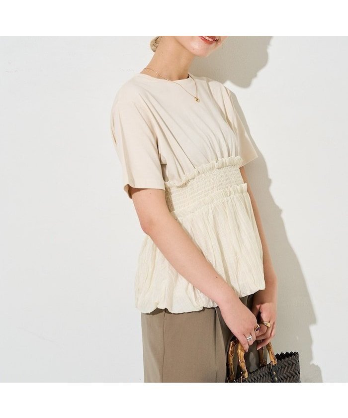【フリークスストア/FREAK'S STORE】のシアー ワッシャー ドッキング バルーン 半袖 トップス【限定展開】 インテリア・キッズ・メンズ・レディースファッション・服の通販 founy(ファニー) 　ファッション　Fashion　レディースファッション　Fashion for Women　トップス・カットソー　Cut & Sew Tops　2025年　2025　2025春夏・S/S　Spring/Summer 2025 SS25　ギャザー　Gathered, Ruffled　サテン　Satin, Glossy Fabric　シアー　Sheer, See-Through　トレンド　Trend, Trending Now　ドッキング　Docking, Mixed Material　バランス　Balance, Style Balance　バルーン　Balloon, Balloon Silhouette　ワッシャー　Washer, Crinkled Finish　エレガント 上品　Elegant　切替　Switching, Contrast Panel　半袖　Short Sleeve, Half Sleeve　夏　Summer　S/S・春夏　SS, Spring/Summer, Warm Season　エクリュ×アイボリー|ID: prp329100004792540 ipo3291000000034963851