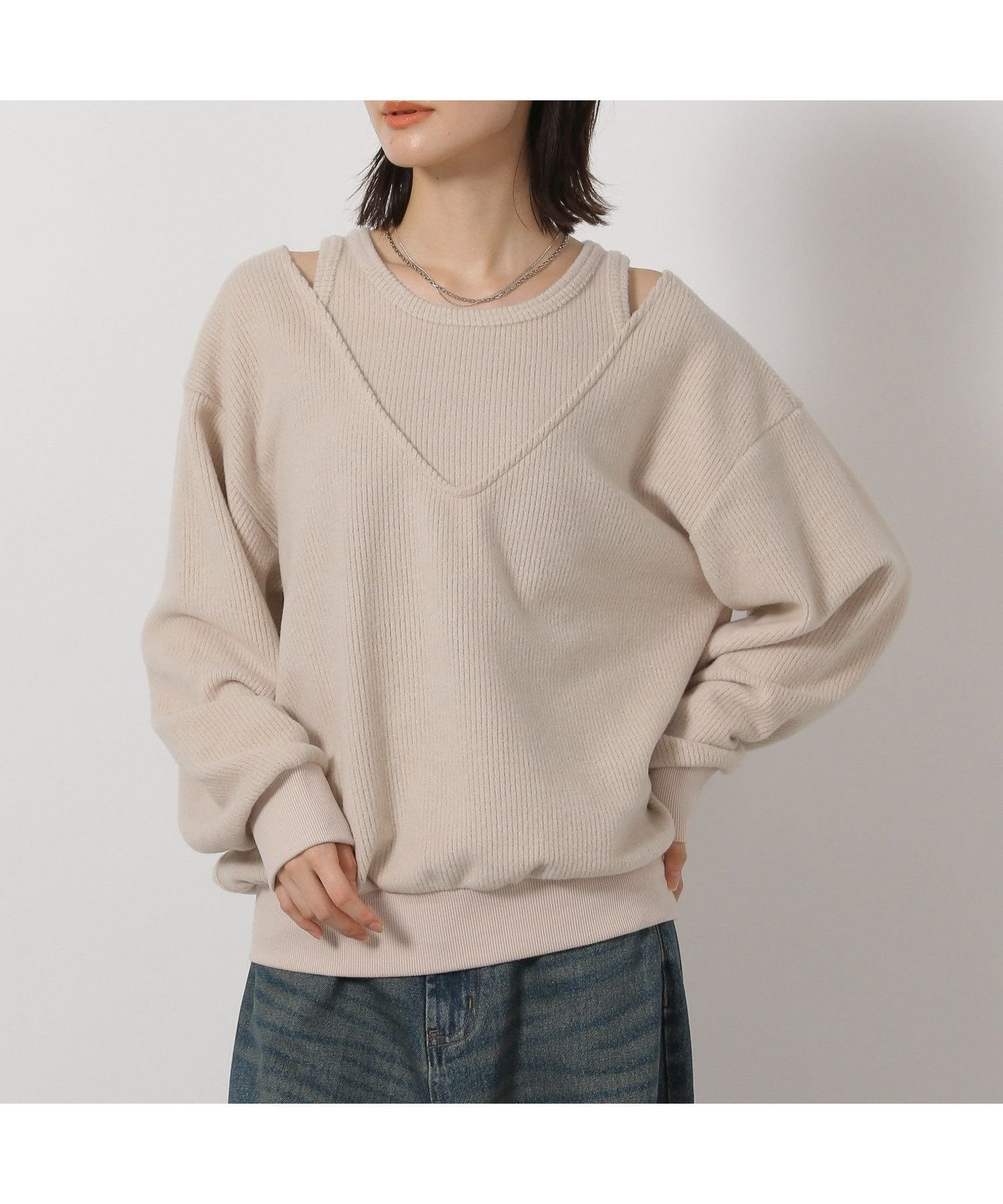 【ラコレ/LAKOLE】のレイヤードニットソー長袖 インテリア・キッズ・メンズ・レディースファッション・服の通販 founy(ファニー) 　ファッション　Fashion　レディースファッション　Fashion for Women　トップス・カットソー　Cut & Sew Tops　ニット　Knit Tops & Sweaters　おすすめ　Recommended / Our Picks　ニットソー　Knit-Sewn, Cut & Sew Knit　A/W・秋冬　Autumn/Winter　長袖　Long Sleeve, Full Sleeve　ベージュ|ID: prp329100004792544 ipo3291000000034773796