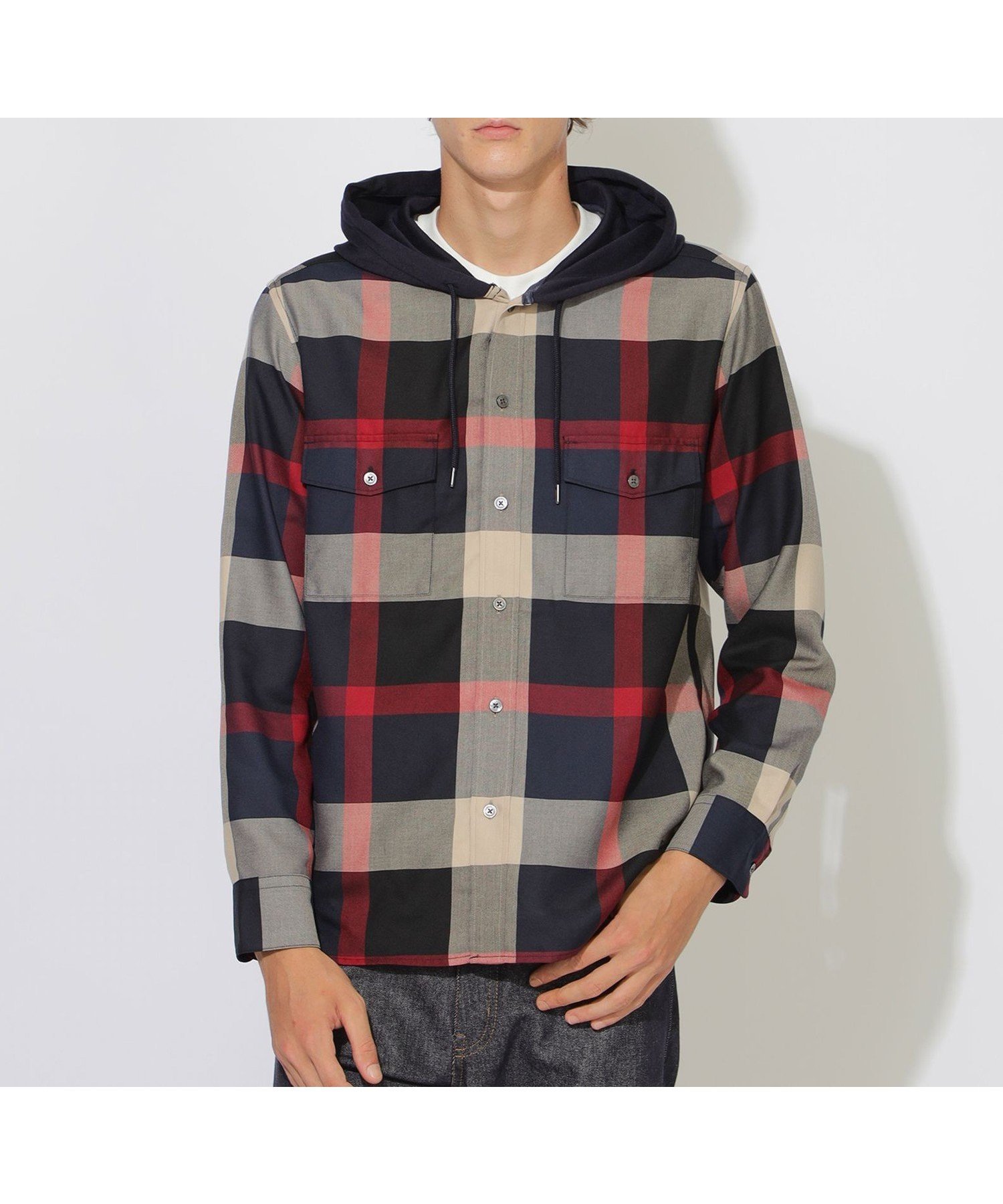 【ブルーレーベル クレストブリッジ/BLUE LABEL CRESTBRIDGE】のクレストブリッジチェックフーディーシャツ インテリア・キッズ・メンズ・レディースファッション・服の通販 founy(ファニー) 　ファッション　Fashion　レディースファッション　Fashion for Women　トップス・カットソー　Cut & Sew Tops　シャツ・ブラウス・オフィスカジュアル　Elegant Blouses & Button-Ups　チェック　Check, Plaid, Tartan　トレンド　Trend, Trending Now　フロント　Front, Front Design　ポケット　Pocket, Pocket Detail　ワーク　Workwear, Utility Style　無地　Plain, Solid Color　ネイビーB|ID: prp329100004792574 ipo3291000000035179218