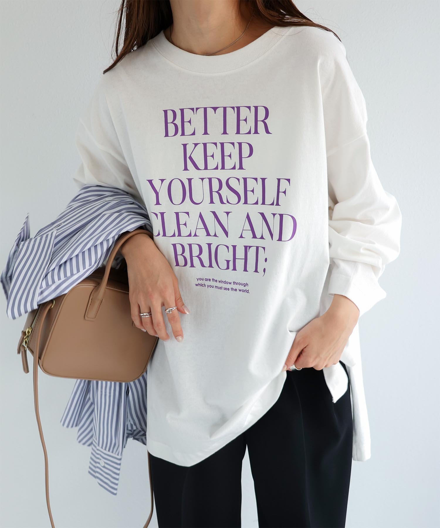 【アンドミー/andme】のオーバーサイズ メッセージプリント 長袖 Tシャツ インテリア・キッズ・メンズ・レディースファッション・服の通販 founy(ファニー) ファッション Fashion レディースファッション Fashion for Women トップス・カットソー Cut & Sew Tops シャツ・ブラウス・オフィスカジュアル Elegant Blouses & Button-Ups ロングTシャツ・Tシャツ Longline T-Shirts & Tees ショルダー Shoulder, Shoulder Strap スリット Slit, Slit Detail ドロップ Drop Shoulder, Dropped Style 人気 Popular, Best Seller 長袖 Long Sleeve, Full Sleeve パープル Purple, Violet プリント Print, Printed Pattern ワイド Wide, Wide Fit おすすめ Recommended / Our Picks オフホワイト×パープル|ID: prp329100004792621 ipo3291000000034774435