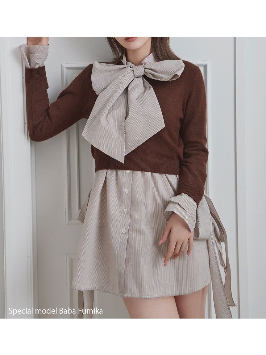 【スナイデル/SNIDEL】のレイヤードボウタイチュニック インテリア・キッズ・メンズ・レディースファッション・服の通販 founy(ファニー) 　ファッション　Fashion　レディースファッション　Fashion for Women　トップス・カットソー　Cut & Sew Tops　ウェーブ　Wavy Pattern　コンパクト　Compact, Small Size　シンプル　Simple, Minimal　ストライプ　Stripe, Striped Pattern　ストレート　Straight, Straight Cut　スリット　Slit, Slit Detail　チュニック　Tunic, Long Top　フロント　Front, Front Design　無地　Plain, Solid Color　ヨーク　Yoke, Yoke Design　リボン　Ribbon, Bow　ロング　Long, Long-Length　おすすめ　Recommended / Our Picks　BRW[058]|ID: prp329100004792706 ipo3291000000034775134