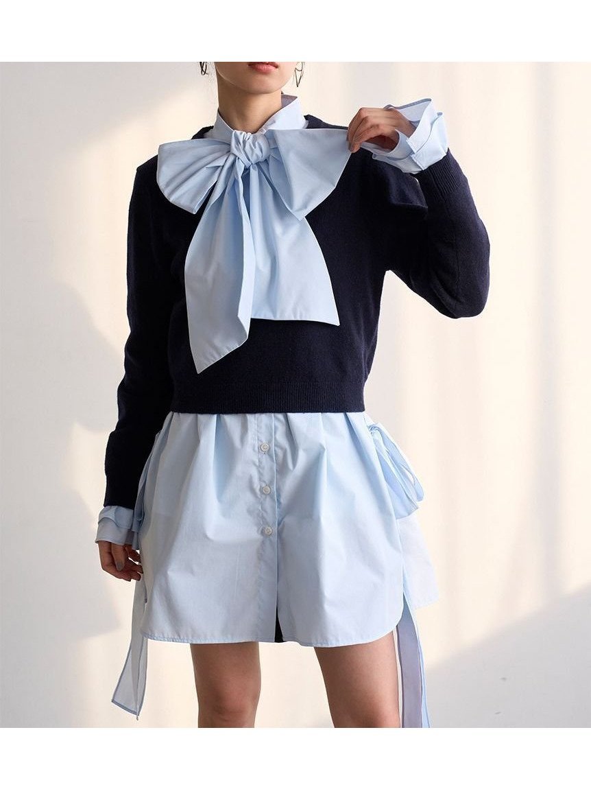 【スナイデル/SNIDEL】のレイヤードボウタイチュニック インテリア・キッズ・メンズ・レディースファッション・服の通販 founy(ファニー) 　ファッション　Fashion　レディースファッション　Fashion for Women　トップス・カットソー　Cut & Sew Tops　ウェーブ　Wavy Pattern　コンパクト　Compact, Small Size　シンプル　Simple, Minimal　ストライプ　Stripe, Striped Pattern　ストレート　Straight, Straight Cut　スリット　Slit, Slit Detail　チュニック　Tunic, Long Top　フロント　Front, Front Design　無地　Plain, Solid Color　ヨーク　Yoke, Yoke Design　リボン　Ribbon, Bow　ロング　Long, Long-Length　おすすめ　Recommended / Our Picks　NVY[089]|ID: prp329100004792706 ipo3291000000034775135