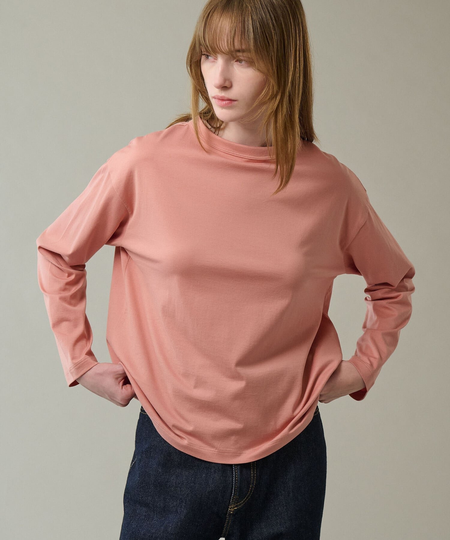 【ビショップ/Bshop】の60/2 ボトルネック長袖Tシャツ WOMEN インテリア・キッズ・メンズ・レディースファッション・服の通販 founy(ファニー) 　ファッション　Fashion　レディースファッション　Fashion for Women　トップス・カットソー　Cut & Sew Tops　シャツ・ブラウス・オフィスカジュアル　Elegant Blouses & Button-Ups　ロングTシャツ・Tシャツ　Longline T-Shirts & Tees　ショルダー　Shoulder, Shoulder Strap　スリット　Slit, Slit Detail　ドロップ　Drop Shoulder, Dropped Style　ニューヨーク　New York, NYC Style　長袖　Long Sleeve, Full Sleeve　ベーシック　Basic, Essential　ボトルネック　Bottle Neck, Mock Neck　PINK系1|ID: prp329100004792743 ipo3291000000034938509