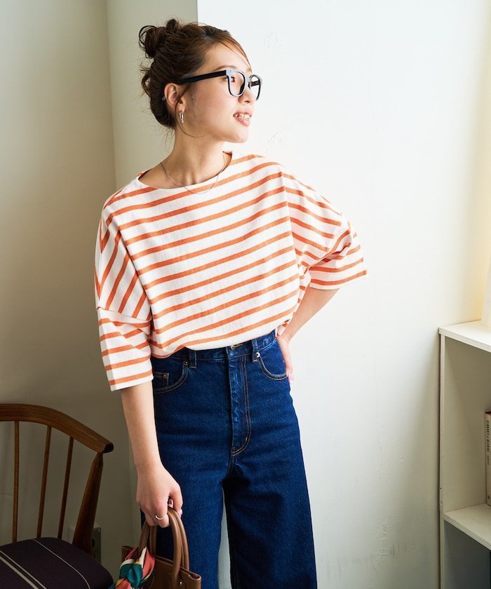 【フリークスストア/FREAK'S STORE】のボートネックバスクボーダー半袖Tシャツ【限定展開】 25SS インテリア・キッズ・メンズ・レディースファッション・服の通販 founy(ファニー) 　ファッション　Fashion　レディースファッション　Fashion for Women　トップス・カットソー　Cut & Sew Tops　シャツ・ブラウス・オフィスカジュアル　Elegant Blouses & Button-Ups　ロングTシャツ・Tシャツ　Longline T-Shirts & Tees　カットソー　Cut and Sewn Top　ショルダー　Shoulder, Shoulder Strap　シンプル　Simple, Minimal　ドロップ　Drop Shoulder, Dropped Style　定番　Standard, Basic Item　人気　Popular, Best Seller　バスク　Basque, Basque Style　ボトム　Bottoms, Lower Wear　半袖　Short Sleeve, Half Sleeve　S/S・春夏　SS, Spring/Summer, Warm Season　プチプライス・低価格　Affordable / Budget Price　夏　Summer　2025年　2025　2025春夏・S/S　Spring/Summer 2025 SS25　オフホワイト×オレンジ|ID: prp329100004793322 ipo3291000000034779526