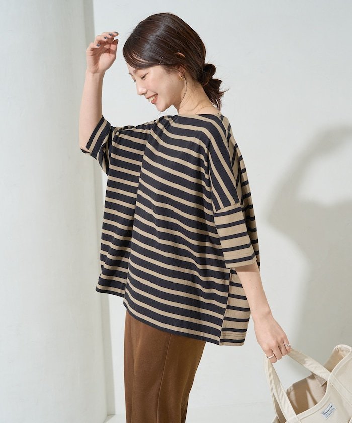 【フリークスストア/FREAK'S STORE】のボートネックバスクボーダー半袖Tシャツ【限定展開】 25SS インテリア・キッズ・メンズ・レディースファッション・服の通販 founy(ファニー) 　ファッション　Fashion　レディースファッション　Fashion for Women　トップス・カットソー　Cut & Sew Tops　シャツ・ブラウス・オフィスカジュアル　Elegant Blouses & Button-Ups　ロングTシャツ・Tシャツ　Longline T-Shirts & Tees　カットソー　Cut and Sewn Top　ショルダー　Shoulder, Shoulder Strap　シンプル　Simple, Minimal　ドロップ　Drop Shoulder, Dropped Style　定番　Standard, Basic Item　人気　Popular, Best Seller　バスク　Basque, Basque Style　ボトム　Bottoms, Lower Wear　半袖　Short Sleeve, Half Sleeve　S/S・春夏　SS, Spring/Summer, Warm Season　プチプライス・低価格　Affordable / Budget Price　夏　Summer　2025年　2025　2025春夏・S/S　Spring/Summer 2025 SS25　ブラック×ベージュ|ID: prp329100004793322 ipo3291000000034779533