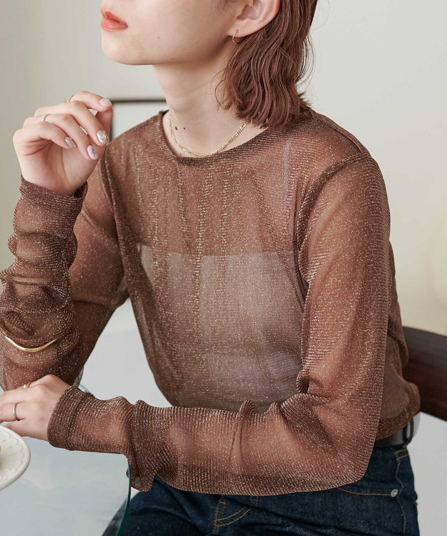 【ディスコート/Discoat】の【新色追加!/WEB限定】ラメシアーT インテリア・キッズ・メンズ・レディースファッション・服の通販 founy(ファニー) ファッション Fashion レディースファッション Fashion for Women インナー Innerwear トレンド Trend, Trending Now ベーシック Basic, Essential ワンポイント One Point, Statement Accent ブラウン|ID: prp329100004793484 ipo3291000000034780821