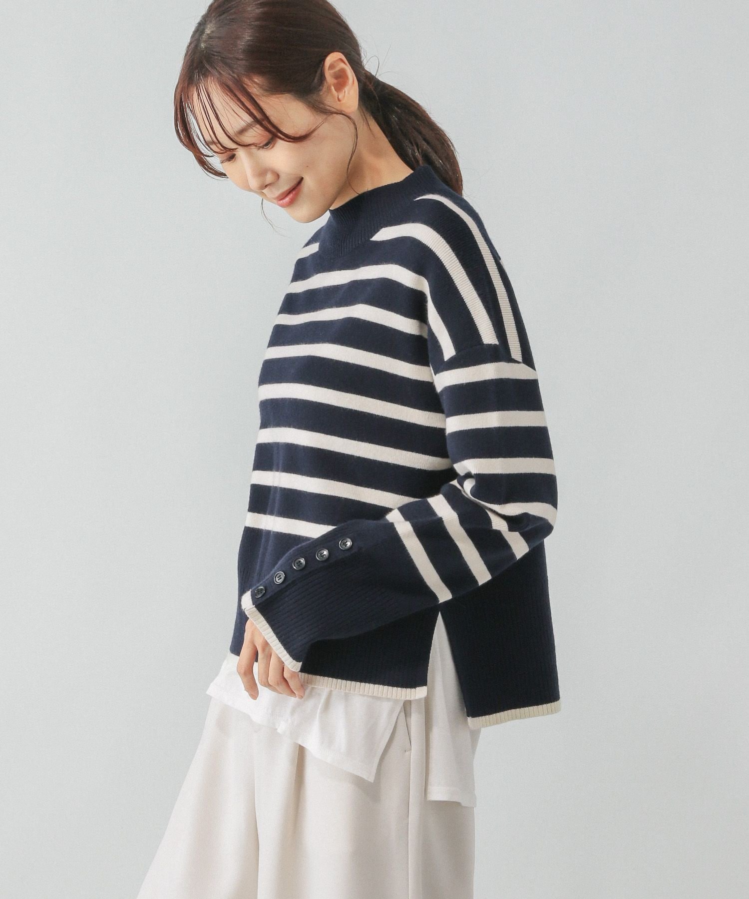 【グローバルワーク/GLOBAL WORK】のメルティ袖ボタンスタンドプルオーバー/139318 インテリア・キッズ・メンズ・レディースファッション・服の通販 founy(ファニー) 　ファッション　Fashion　レディースファッション　Fashion for Women　トップス・カットソー　Cut & Sew Tops　カジュアルプルオーバー・ニットトップス　Pullovers & Knit Tops / Casual Pullovers　クロップド　Cropped, Short Length　コンパクト　Compact, Small Size　バランス　Balance, Style Balance　人気　Popular, Best Seller　ネイビー*アイボリーボーダー88|ID: prp329100004793558 ipo3291000000034781381
