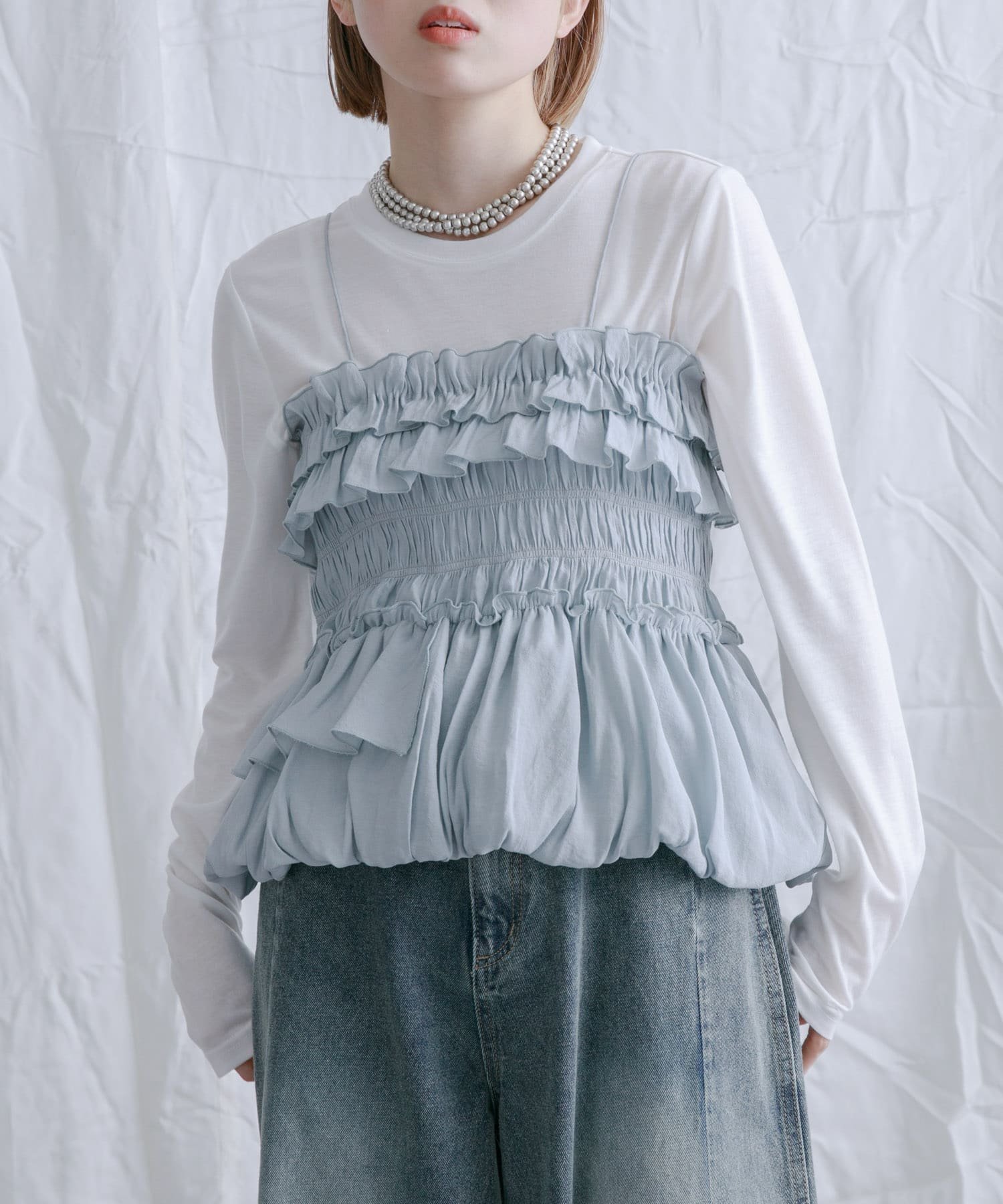 【ケービーエフ/KBF / URBAN RESEARCH】のシャーリングビスチェSETトップス インテリア・キッズ・メンズ・レディースファッション・服の通販 founy(ファニー) 　ファッション　Fashion　レディースファッション　Fashion for Women　トップス・カットソー　Cut & Sew Tops　ビスチェ　Bustiers & Corset Tops / Layered Bustier Style　2025年　2025　2025春夏・S/S　Spring/Summer 2025 SS25　カットソー　Cut and Sewn Top　シャーリング　Shirring, Ruched　スラックス　Slacks, Dress Pants　トレンド　Trend, Trending Now　ビスチェ　Bustier, Corset Top　フリル　Frill, Ruffle　ベーシック　Basic, Essential　ランダム　Random, Irregular　切替　Switching, Contrast Panel　夏　Summer　S/S・春夏　SS, Spring/Summer, Warm Season　OFF×BLUE|ID: prp329100004793666 ipo3291000000034782077