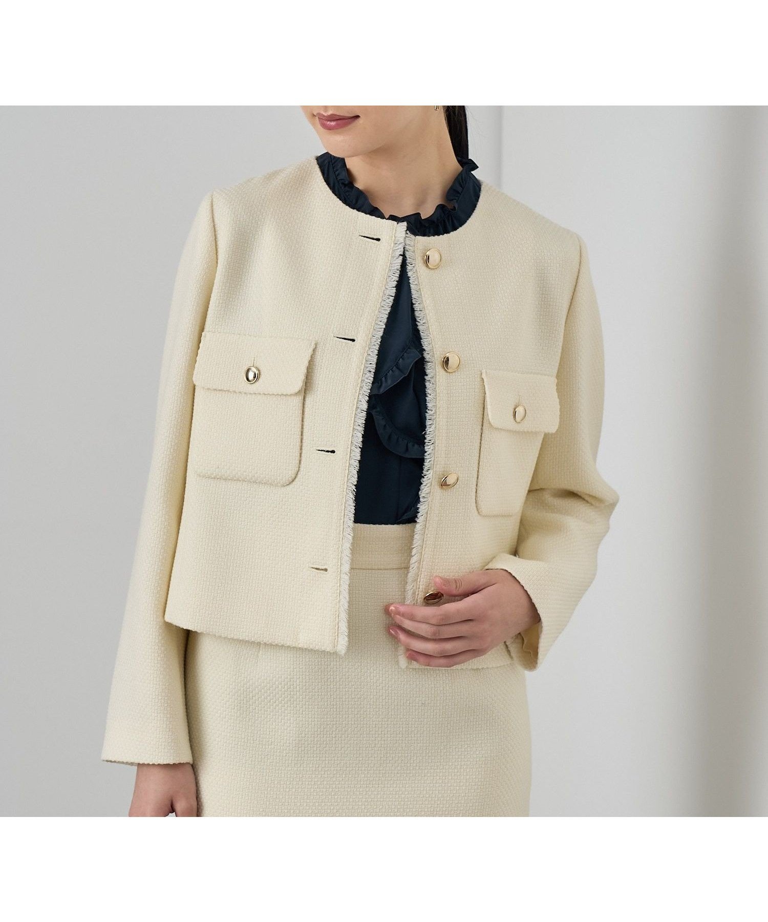 【アナイ/ANAYI】の【セットアップ対応商品】ウールプリペラノーカラー ジャケット インテリア・キッズ・メンズ・レディースファッション・服の通販 founy(ファニー) 　ファッション　Fashion　レディースファッション　Fashion for Women　アウター　Coat / Outerwear Collection　レディースジャケット・軽アウター　Jackets　ノーカラージャケット / シンプル上品コーデ　Collarless Jackets　コンパクト　Compact, Small Size　シンプル　Simple, Minimal　ジャケット　Jacket, Outerwear　スマート　Smart, Elegant　セットアップ　Set-Up, Coordinated Outfit　雑誌　Magazine, Fashion Magazine　バスケット　Basket, Basket Bag　フラップ　Flap, Flap Pocket　フリンジ　Fringe, Tassel　ポケット　Pocket, Pocket Detail　メタル　Metal, Metal Parts　A/W・秋冬　Autumn/Winter　再入荷　Restock / Back in Stock　off white|ID: prp329100004793897 ipo3291000000034783566