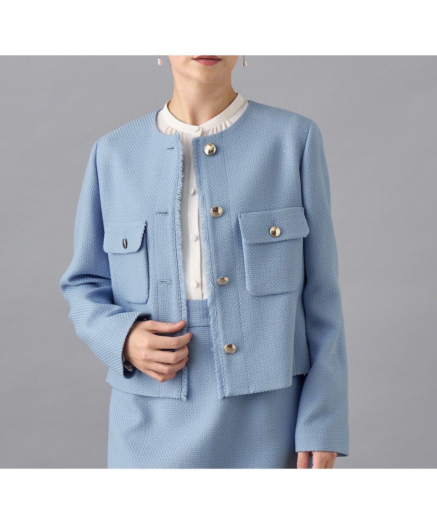 【アナイ/ANAYI】の【セットアップ対応商品】ウールプリペラノーカラー ジャケット インテリア・キッズ・メンズ・レディースファッション・服の通販 founy(ファニー) 　ファッション　Fashion　レディースファッション　Fashion for Women　アウター　Coat / Outerwear Collection　レディースジャケット・軽アウター　Jackets　ノーカラージャケット / シンプル上品コーデ　Collarless Jackets　コンパクト　Compact, Small Size　シンプル　Simple, Minimal　ジャケット　Jacket, Outerwear　スマート　Smart, Elegant　セットアップ　Set-Up, Coordinated Outfit　雑誌　Magazine, Fashion Magazine　バスケット　Basket, Basket Bag　フラップ　Flap, Flap Pocket　フリンジ　Fringe, Tassel　ポケット　Pocket, Pocket Detail　メタル　Metal, Metal Parts　A/W・秋冬　Autumn/Winter　再入荷　Restock / Back in Stock　blue|ID: prp329100004793897 ipo3291000000034783569