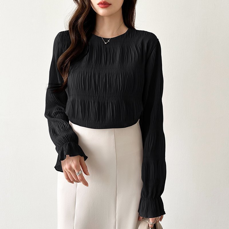 【ココモモ/COCOMOMO】の【新色登場!】 透け感シャーリング ブラウス シフォン フリル ラウンドネック インテリア・キッズ・メンズ・レディースファッション・服の通販 founy(ファニー) ファッション Fashion レディースファッション Fashion for Women トップス・カットソー Cut & Sew Tops シャツ・ブラウス・オフィスカジュアル Elegant Blouses & Button-Ups シアー Sheer, See-Through シフォン Chiffon, Lightweight Fabric シャーリング Shirring, Ruched フリル Frill, Ruffle ラウンド Round, Round Neck ブラック|ID: prp329100004793960 ipo3291000000034901567