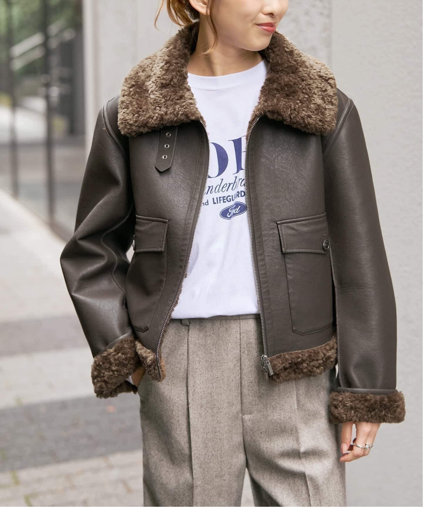 【スピック&スパン/Spick & Span】のフェイクムートンフライトジャケット インテリア・キッズ・メンズ・レディースファッション・服の通販 founy(ファニー) 　ファッション　Fashion　レディースファッション　Fashion for Women　アウター　Coat / Outerwear Collection　レディースジャケット・軽アウター　Jackets　ショート　Short, Short Length　ジャケット　Jacket, Outerwear　スマート　Smart, Elegant　バランス　Balance, Style Balance　フェイクレザー　Faux Leather, PU Leather　ボトム　Bottoms, Lower Wear　ボンディング　Bonding, Bonded Fabric　ヴィンテージ　Vintage Style　ブラウン|ID: prp329100004793992 ipo3291000000034784167