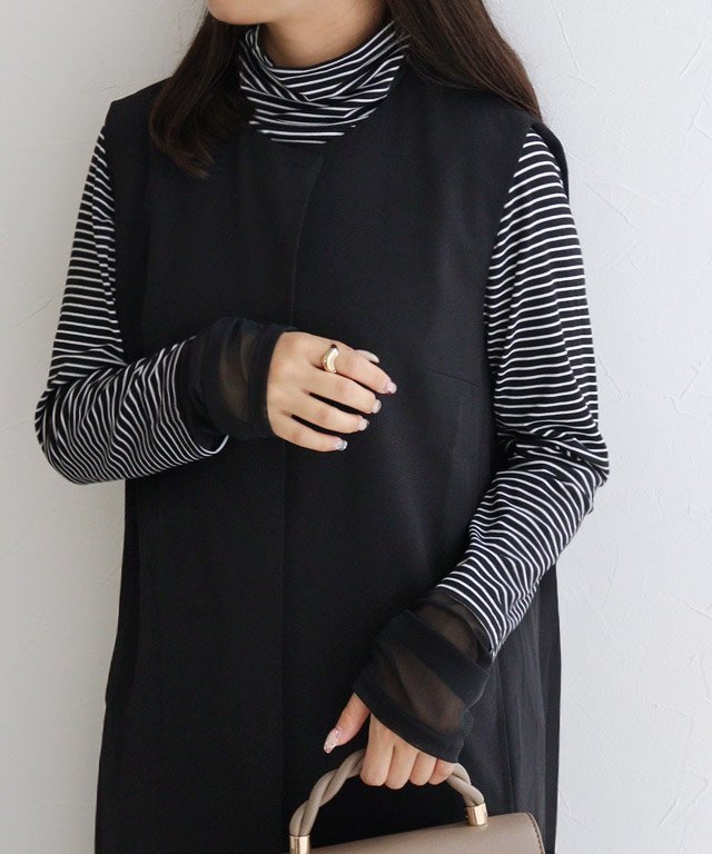 【ピエロ/Pierrot】の【静電気防止】シアーカフス/タートルネックドッキングカットソー インテリア・キッズ・メンズ・レディースファッション・服の通販 founy(ファニー) 　ファッション　Fashion　レディースファッション　Fashion for Women　トップス・カットソー　Cut & Sew Tops　カットソー・ベーシックTシャツ　Cut-and-Sewn Tops / Stretch Tees & Basics　タートルネック・ハイネックトップス　Turtlenecks & High-Neck Tops　とろみ　Fluid, Flowy Fabric　インナー　Innerwear　カフス　Cuff Design　コンパクト　Compact, Small Size　シアー　Sheer, See-Through　シャーリング　Shirring, Ruched　パール　Pearl, Pearl Accent　フェザー　Feather, Feather Detail　フレア　Flare, Flared　ベスト　Vest, Waistcoat　ボトム　Bottoms, Lower Wear　シアーカフス/ボーダー|ID: prp329100004794013 ipo3291000000034902215