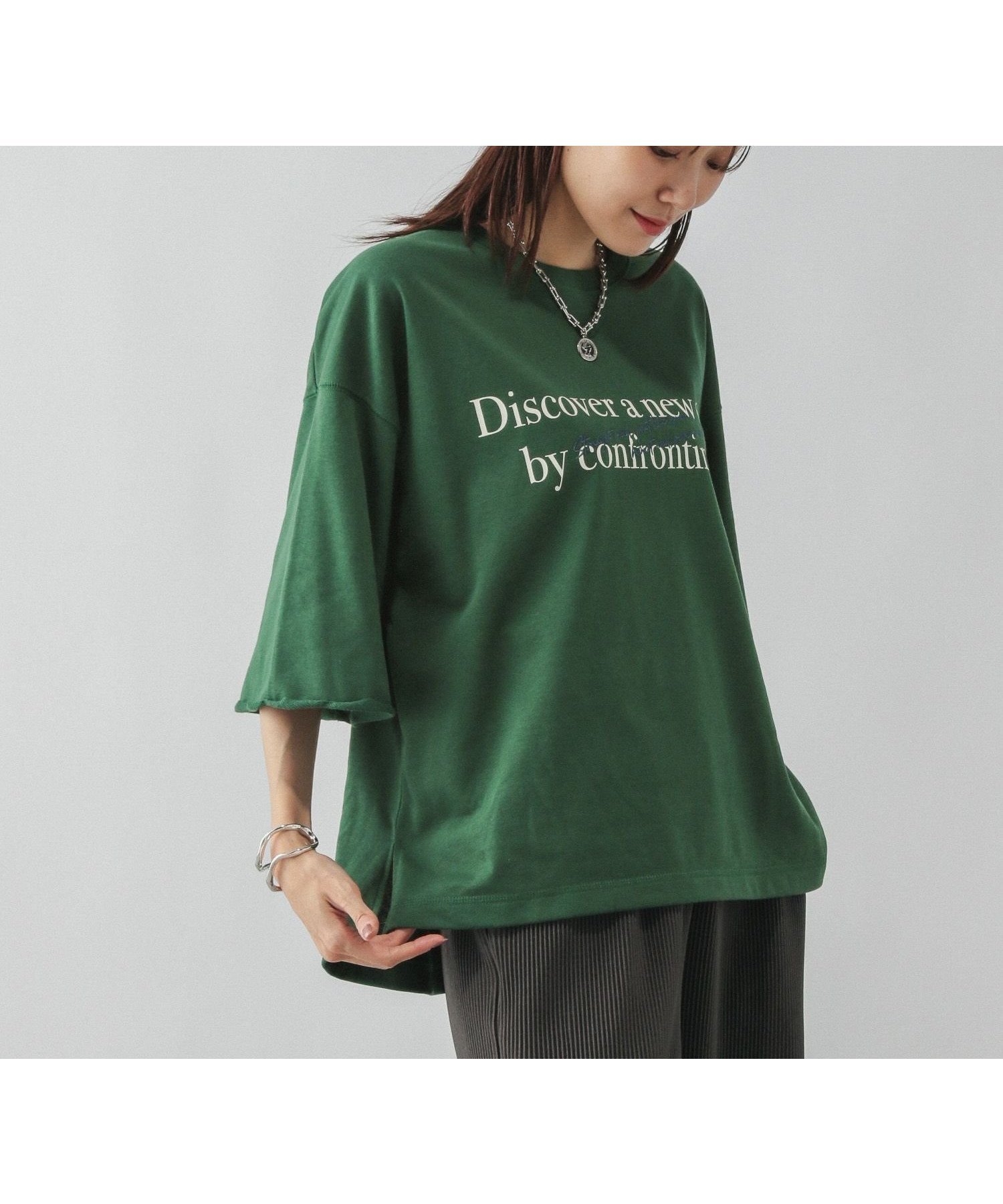 【グローバルワーク/GLOBAL WORK】の乾きやすいプリント7分袖/579367 インテリア・キッズ・メンズ・レディースファッション・服の通販 founy(ファニー) ファッション Fashion レディースファッション Fashion for Women トップス・カットソー Cut & Sew Tops スリット Slit, Slit Detail プリント Print, Printed Pattern ボトム Bottoms, Lower Wear ワイド Wide, Wide Fit 夏 Summer グリーン*ロゴ75|ID: prp329100004794187 ipo3291000000034785304