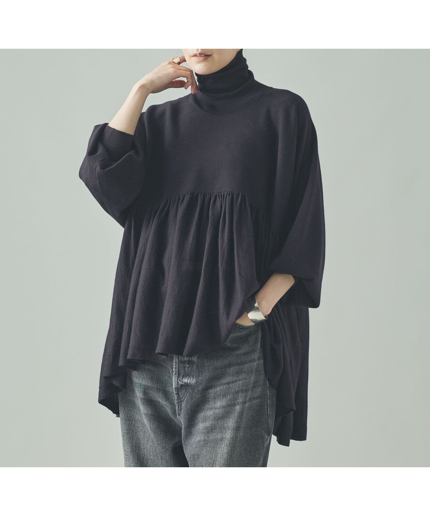 【カレンソロジー/Curensology】のハイネックギャザーニットプルオーバー インテリア・キッズ・メンズ・レディースファッション・服の通販 founy(ファニー) 　ファッション　Fashion　レディースファッション　Fashion for Women　トップス・カットソー　Cut & Sew Tops　ニット　Knit Tops & Sweaters　カジュアルプルオーバー・ニットトップス　Pullovers & Knit Tops / Casual Pullovers　エレガント 上品　Elegant　ギャザー　Gathered, Ruffled　デニム　Denim, Jeans Material　ハイネック　High Neck, Mock Neck　バランス　Balance, Style Balance　フレア　Flare, Flared　ワイド　Wide, Wide Fit　冬　Winter / This Winter　ネイビー88|ID: prp329100004794294 ipo3291000000034785938