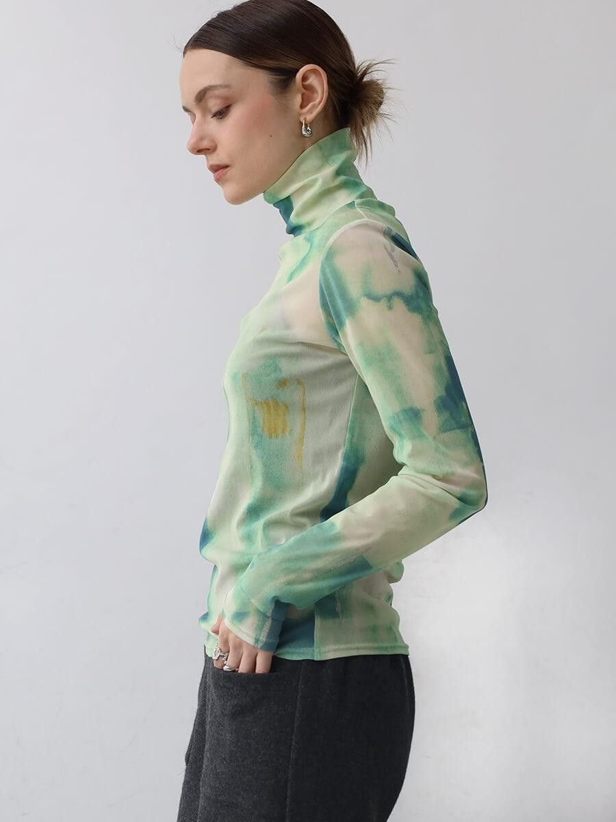 【ラシュッド/LASUD】のオリジナル転写プリントハイネックシアートップス インテリア・キッズ・メンズ・レディースファッション・服の通販 founy(ファニー) ファッション Fashion レディースファッション Fashion for Women トップス・カットソー Cut & Sew Tops コンパクト Compact, Small Size シアー Sheer, See-Through フィット Fit, Slim Fit プリント Print, Printed Pattern エレガント 上品 Elegant キミドリ|ID: prp329100004794367 ipo3291000000034786276