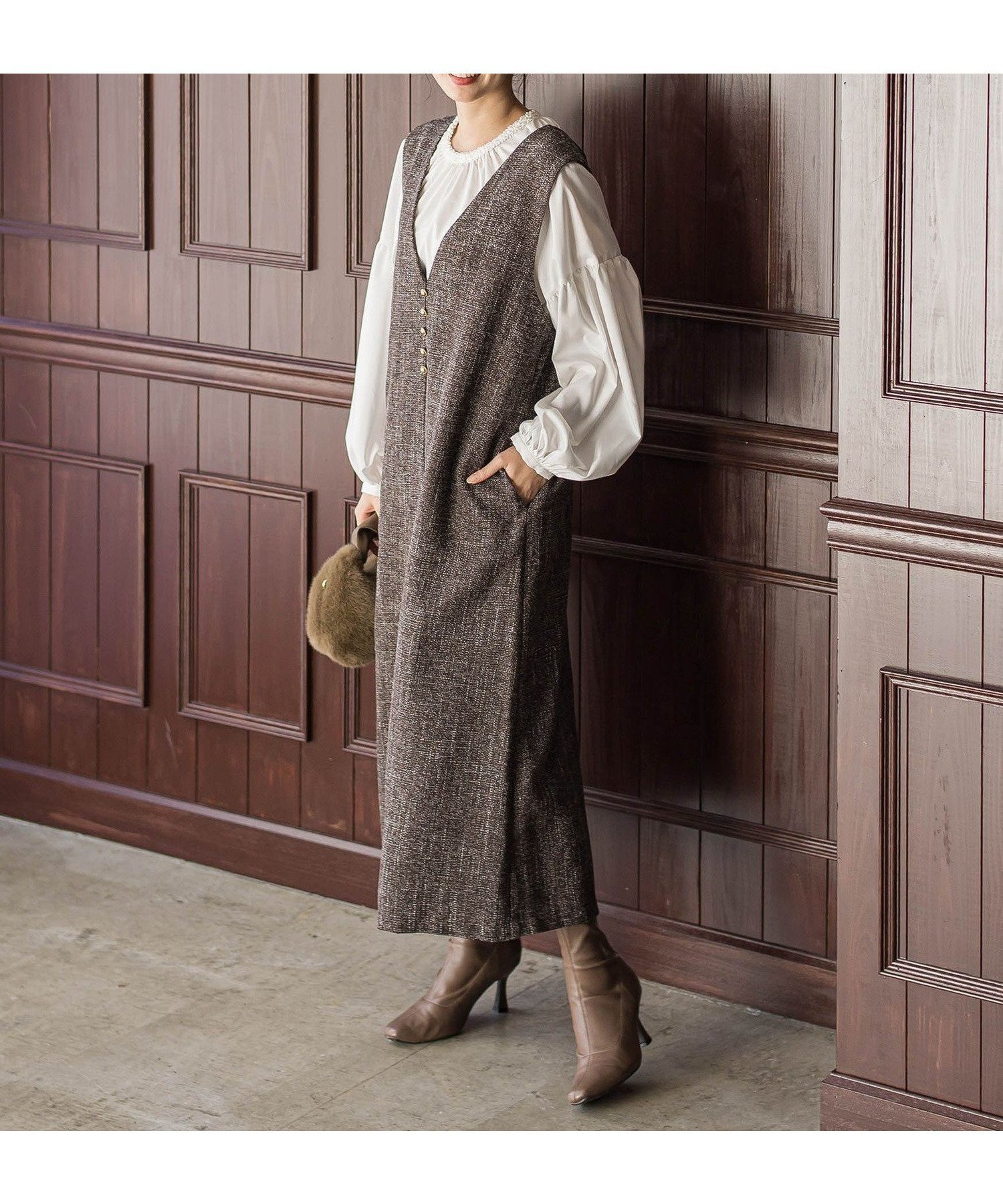 【ドロワット ロートレアモン/Droite Lautreamont】のツィードVネックジャンスカワンピース インテリア・キッズ・メンズ・レディースファッション・服の通販 founy(ファニー) ファッション Fashion レディースファッション Fashion for Women ワンピース Dresses 2025年 2025 2025-2026秋冬・A/W Autumn/Winter 2025–26 AW25–26 インナー Innerwear タートル Turtleneck, Turtle Collar ツイード/ツィード Choker, Choker Necklace ツイード Twill, Twill Weave トレンド Trend, Trending Now ネップ Nepp, Slub Yarn フェミニン Feminine, Girly 冬 Winter / This Winter A/W・秋冬 Autumn/Winter 長袖 Long Sleeve, Full Sleeve ブラウン|ID: prp329100004794458 ipo3291000000034844733