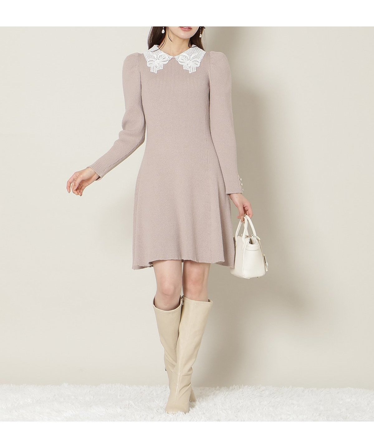 【ウィルセレクション/WILLSELECTION】のリボンレースカラーニットワンピース インテリア・キッズ・メンズ・レディースファッション・服の通販 founy(ファニー) 　ファッション　Fashion　レディースファッション　Fashion for Women　ワンピース　Dresses　ニットワンピース　Knit Dresses　ガーリー　Girly, Feminine Style　スリーブ　Sleeve, Long Sleeve / Short Sleeve　フレア　Flare, Flared　リボン　Ribbon, Bow　レース　Lace, Lace Fabric　エレガント 上品　Elegant　人気　Popular, Best Seller　ピンク|ID: prp329100004794468 ipo3291000000035152852