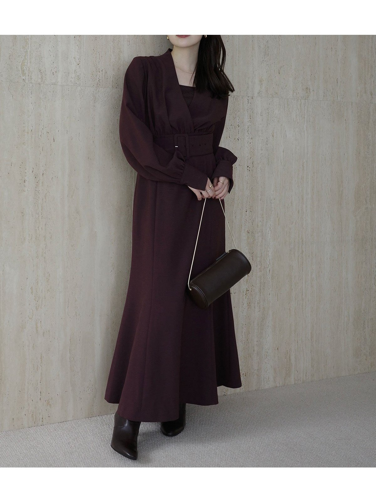 【アニュアンス/anuans】のノーカラーナローワンピース インテリア・キッズ・メンズ・レディースファッション・服の通販 founy(ファニー) ファッション Fashion レディースファッション Fashion for Women ワンピース Dresses ストレッチ Stretch, Stretchy Fabric バランス Balance, Style Balance フレア Flare, Flared BURGUNDY|ID: prp329100004794532 ipo3291000000034787308