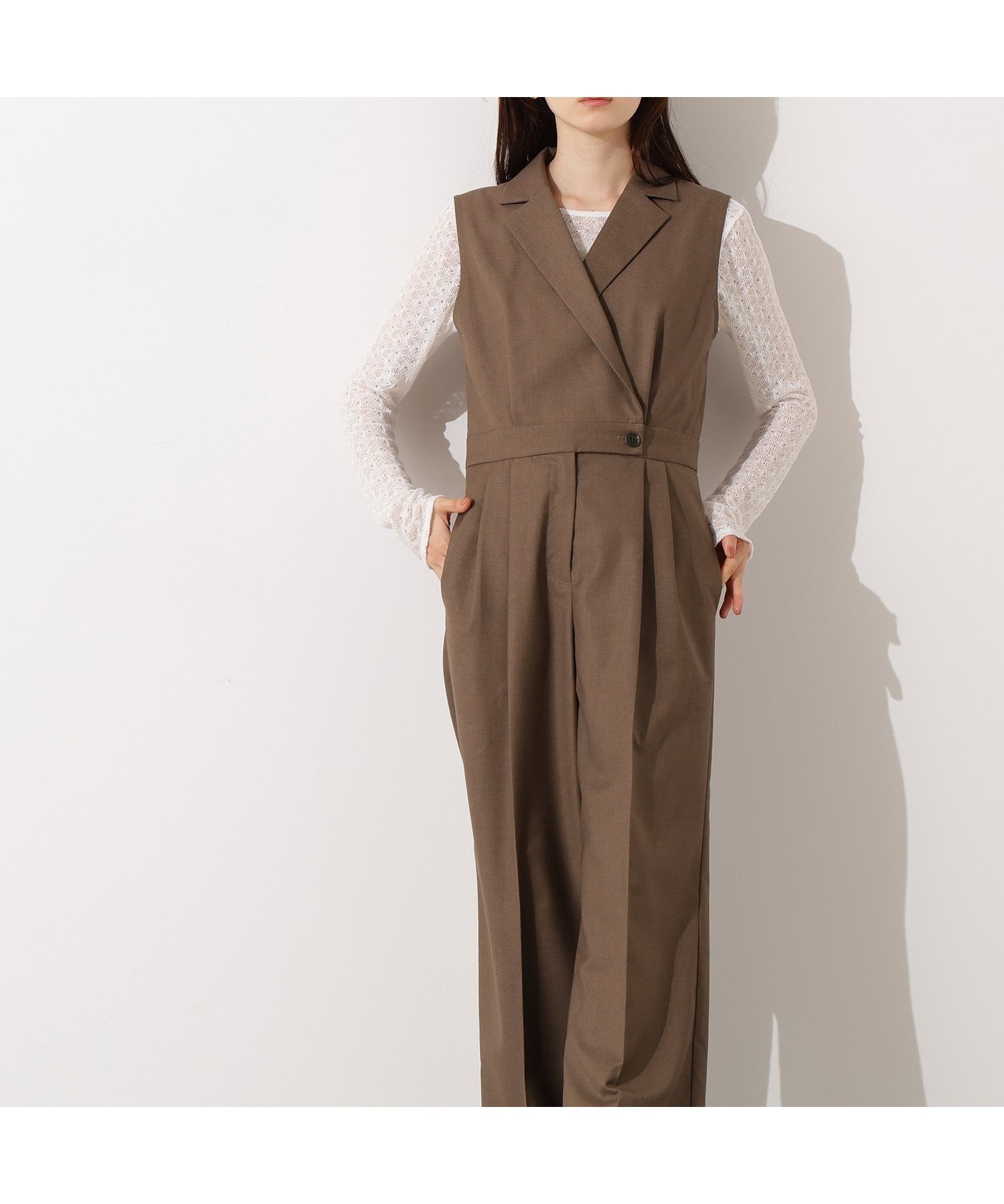 【エヌ ナチュラルビューティーベーシック/N.Natural Beauty basic】のテーラードジャンプスーツ インテリア・キッズ・メンズ・レディースファッション・服の通販 founy(ファニー) 　ファッション　Fashion　レディースファッション　Fashion for Women　ワンピース　Dresses　インナー　Innerwear　カットソー　Cut and Sewn Top　スーツ　Suit, Formalwear　ツイル　Twist, Twisted Detail　ポケット　Pocket, Pocket Detail　マニッシュ　Mannish, Boyish　メランジ　Melange, Mixed Yarn　ロング　Long, Long-Length　ブラウン2|ID: prp329100004794555 ipo3291000000034938929