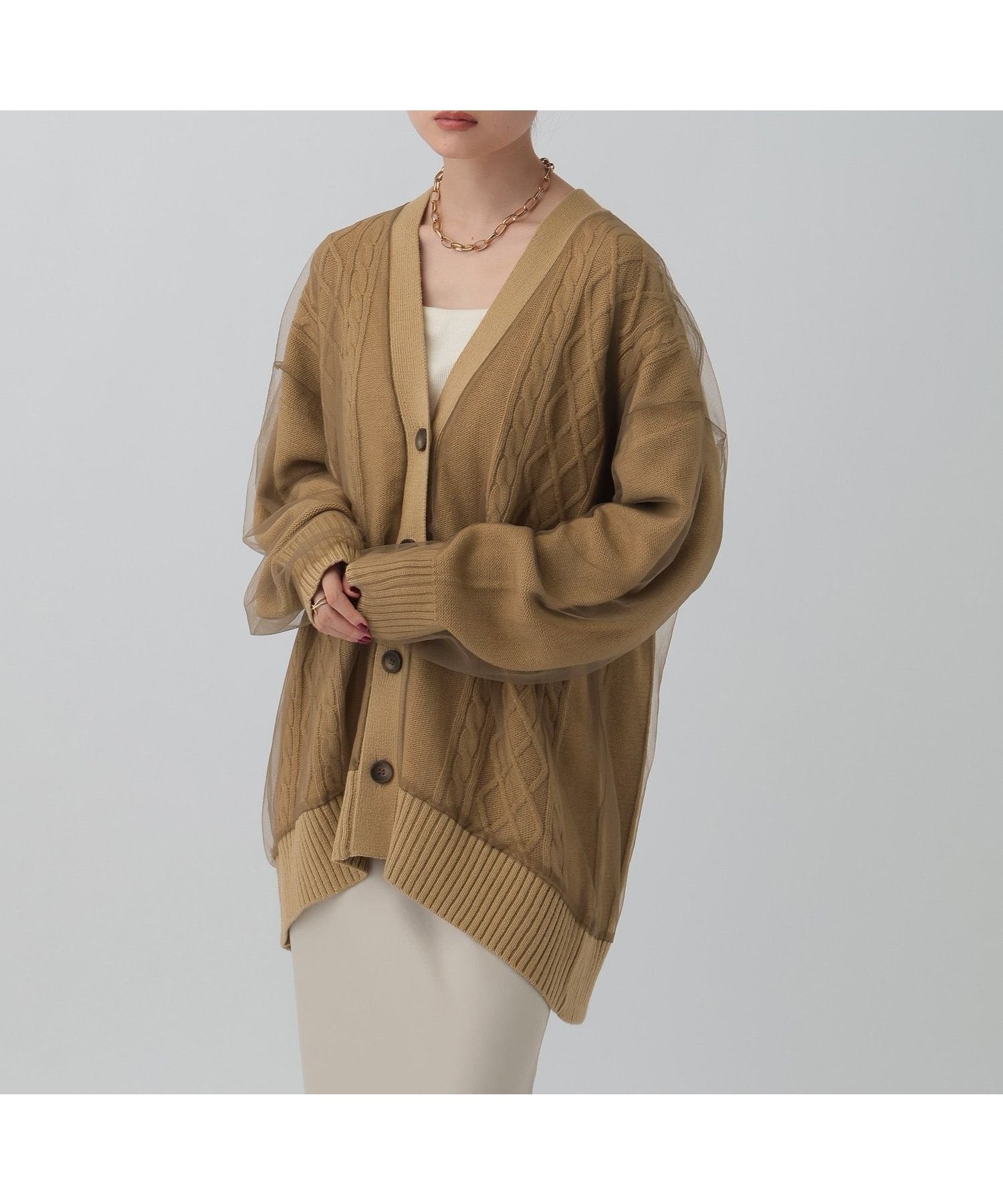 【レプシィム ローリーズファーム/LEPSIM LOWRYS FARM】のチュールドッキングカーディガンチュニック インテリア・キッズ・メンズ・レディースファッション・服の通販 founy(ファニー) ファッション Fashion レディースファッション Fashion for Women トップス・カットソー Cut & Sew Tops カーディガン・羽織り Layered Style Cardigans おすすめ Recommended / Our Picks カーディガン Cardigan, Knitwear キャミワンピース Cami Dress, Slip Dress サテン Satin, Glossy Fabric チュニック Tunic, Long Top チュール Tulip, Tulip Motif デニム Denim, Jeans Material ライトキャメル53|ID: prp329100004794611 ipo3291000000034853467