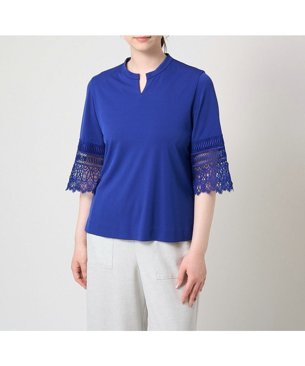 【クリスチャン オジャール/CHRISTIAN AUJARD】の吸水速乾 レーススリーブカットソー インテリア・キッズ・メンズ・レディースファッション・服の通販 founy(ファニー) 　ファッション　Fashion　レディースファッション　Fashion for Women　トップス・カットソー　Cut & Sew Tops　カットソー・ベーシックTシャツ　Cut-and-Sewn Tops / Stretch Tees & Basics　エレガント 上品　Elegant　カットソー　Cut and Sewn Top　吸水　Absorbent, Quick-Dry　スタンド　Stand Collar, Upright Stand　フェミニン　Feminine, Girly　レース　Lace, Lace Fabric　おすすめ　Recommended / Our Picks　ブルー|ID: prp329100004794775 ipo3291000000034789236