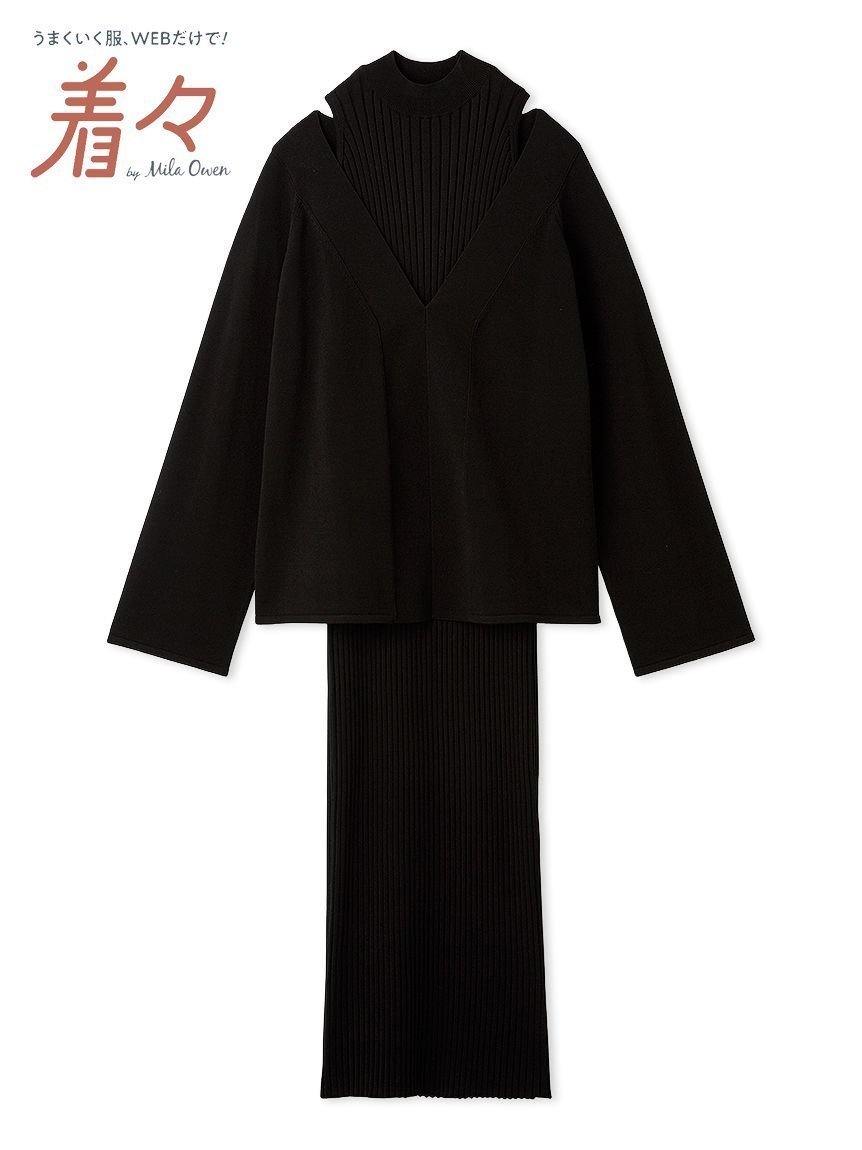 【ミラオーウェン/Mila Owen】の両得レイヤードニットワンピ インテリア・キッズ・メンズ・レディースファッション・服の通販 founy(ファニー) 　ファッション　Fashion　レディースファッション　Fashion for Women　ワンピース　Dresses　ニットワンピース　Knit Dresses　スマート　Smart, Elegant　ノースリーブ　Sleeveless, No-Sleeve　ハイネック　High Neck, Mock Neck　フラット　Flat, Flat Shoes　ワンショル　One Shoulder, Asymmetrical　エレガント 上品　Elegant　BLK[009]|ID: prp329100004794852 ipo3291000000034789704