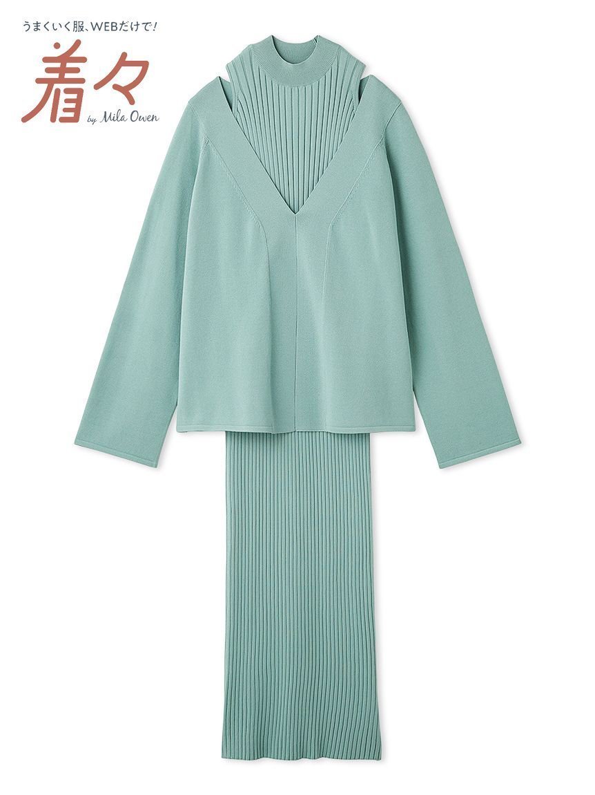 【ミラオーウェン/Mila Owen】の両得レイヤードニットワンピ インテリア・キッズ・メンズ・レディースファッション・服の通販 founy(ファニー) 　ファッション　Fashion　レディースファッション　Fashion for Women　ワンピース　Dresses　ニットワンピース　Knit Dresses　スマート　Smart, Elegant　ノースリーブ　Sleeveless, No-Sleeve　ハイネック　High Neck, Mock Neck　フラット　Flat, Flat Shoes　ワンショル　One Shoulder, Asymmetrical　エレガント 上品　Elegant　LBLU[081]|ID: prp329100004794852 ipo3291000000034789706