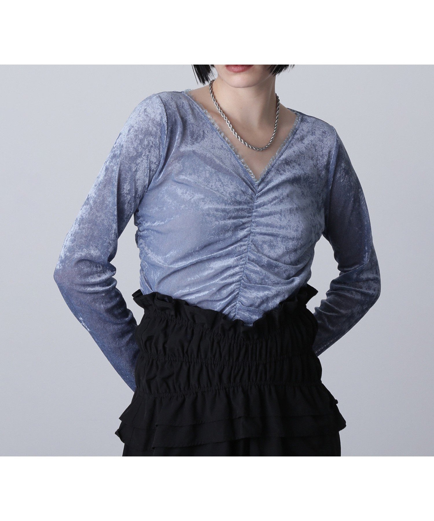 【ローズバッド/ROSE BUD】のシャーリングベロアトップス インテリア・キッズ・メンズ・レディースファッション・服の通販 founy(ファニー) 　ファッション　Fashion　レディースファッション　Fashion for Women　トップス・カットソー　Cut & Sew Tops　ベロアトップス　Velour Tops / Velvet-Look Items　コンパクト　Compact, Small Size　シアー　Sheer, See-Through　シャーリング　Shirring, Ruched　ストレッチ　Stretch, Stretchy Fabric　トレンド　Trend, Trending Now　フリル　Frill, Ruffle　ベロア　Velour, Soft Velvet　メッシュ　Mesh, Net Fabric　春　Spring　BLUE|ID: prp329100004794983 ipo3291000000034790453