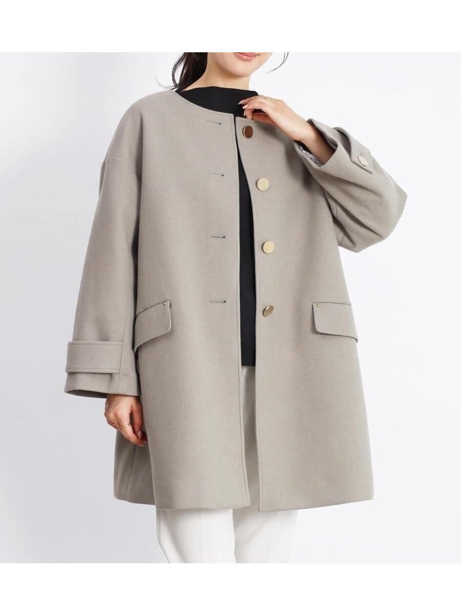 【ヴァン/Vin】のゴールドボタンノーカラーコート インテリア・キッズ・メンズ・レディースファッション・服の通販 founy(ファニー) 　ファッション　Fashion　レディースファッション　Fashion for Women　アウター　Coat / Outerwear Collection　コート・ロングコート・ピーコート　Long Coats, Peacoats & More　エレガント 上品　Elegant　ストール　Stole, Wrap　ハイネック　High Neck, Mock Neck　ベーシック　Basic, Essential　リュクス　Luxury, Elegant, High-End, Chic　グレー|ID: prp329100004795009 ipo3291000000034870232