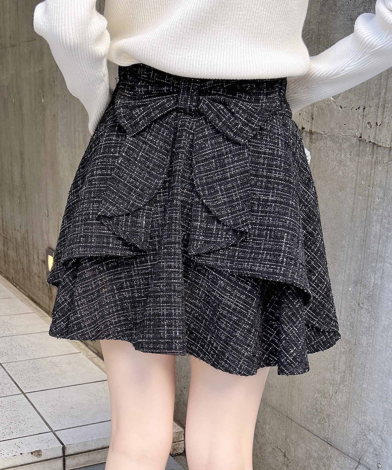 【イング/INGNI】のINGNI/Backリボンツイードフレアスカパン インテリア・キッズ・メンズ・レディースファッション・服の通販 founy(ファニー) 　ファッション　Fashion　レディースファッション　Fashion for Women　サイドジップ　Side Zip, Side Zipper　ツイード　Twill, Twill Weave　ドッキング　Docking, Mixed Material　ドレープ　Drape, Draping Fabric　フレア　Flare, Flared　リボン　Ribbon, Bow　エレガント 上品　Elegant　クロ/ツイード|ID: prp329100004795136 ipo3291000000034791227