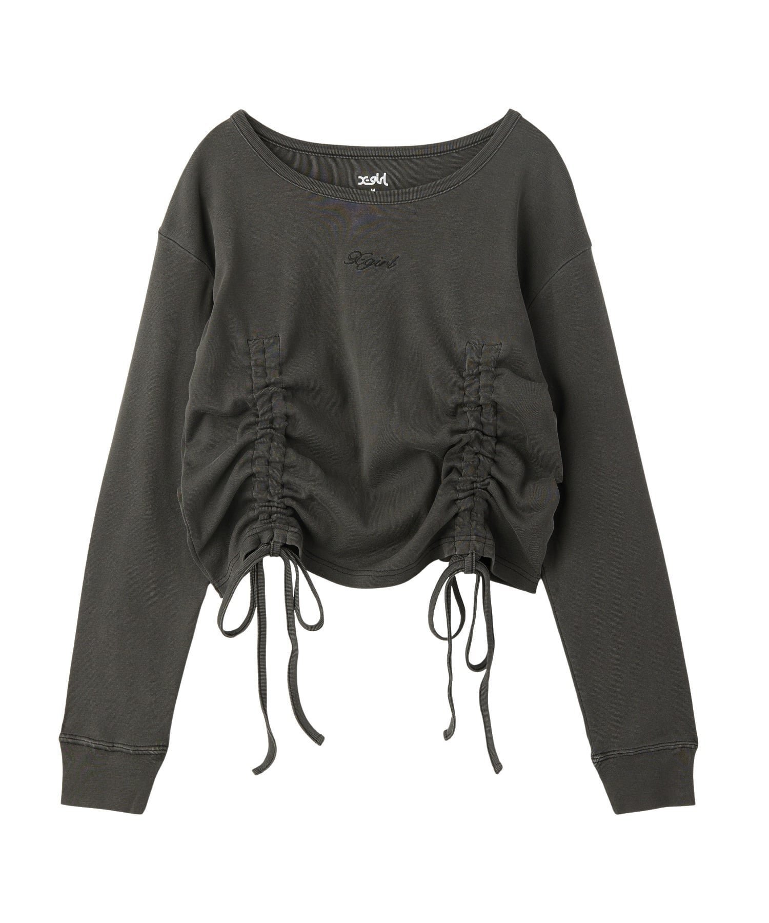 【エックスガール/X-girl】のX-girl/FADED DRAWSTRING L/S TOP インテリア・キッズ・メンズ・レディースファッション・服の通販 founy(ファニー) 　ファッション　Fashion　レディースファッション　Fashion for Women　ワンピース　Dresses　コンパクト　Compact, Small Size　ストレッチ　Stretch, Stretchy Fabric　トレンド　Trend, Trending Now　長袖　Long Sleeve, Full Sleeve　フロント　Front, Front Design　ミニスカート　Mini Skirt, Short Skirt　ワンポイント　One Point, Statement Accent　おすすめ　Recommended / Our Picks　BLACK|ID: prp329100004795146 ipo3291000000034791283