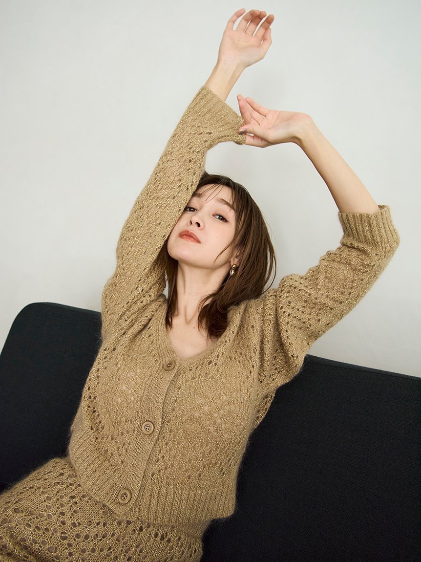 【フレイ アイディー/FRAY I.D】のモヘアミックスラメニットカーディガン インテリア・キッズ・メンズ・レディースファッション・服の通販 founy(ファニー) 　ファッション　Fashion　レディースファッション　Fashion for Women　トップス・カットソー　Cut & Sew Tops　ニット　Knit Tops & Sweaters　カーディガン・羽織り　Layered Style Cardigans　カーディガン　Cardigan, Knitwear　クール　Cool, Chic　ショート　Short, Short Length　スマート　Smart, Elegant　セットアップ　Set-Up, Coordinated Outfit　透かし　Cut-Out, Lacework　フェミニン　Feminine, Girly　おすすめ　Recommended / Our Picks　エレガント 上品　Elegant　BEG[037]|ID: prp329100004795195 ipo3291000000034881875