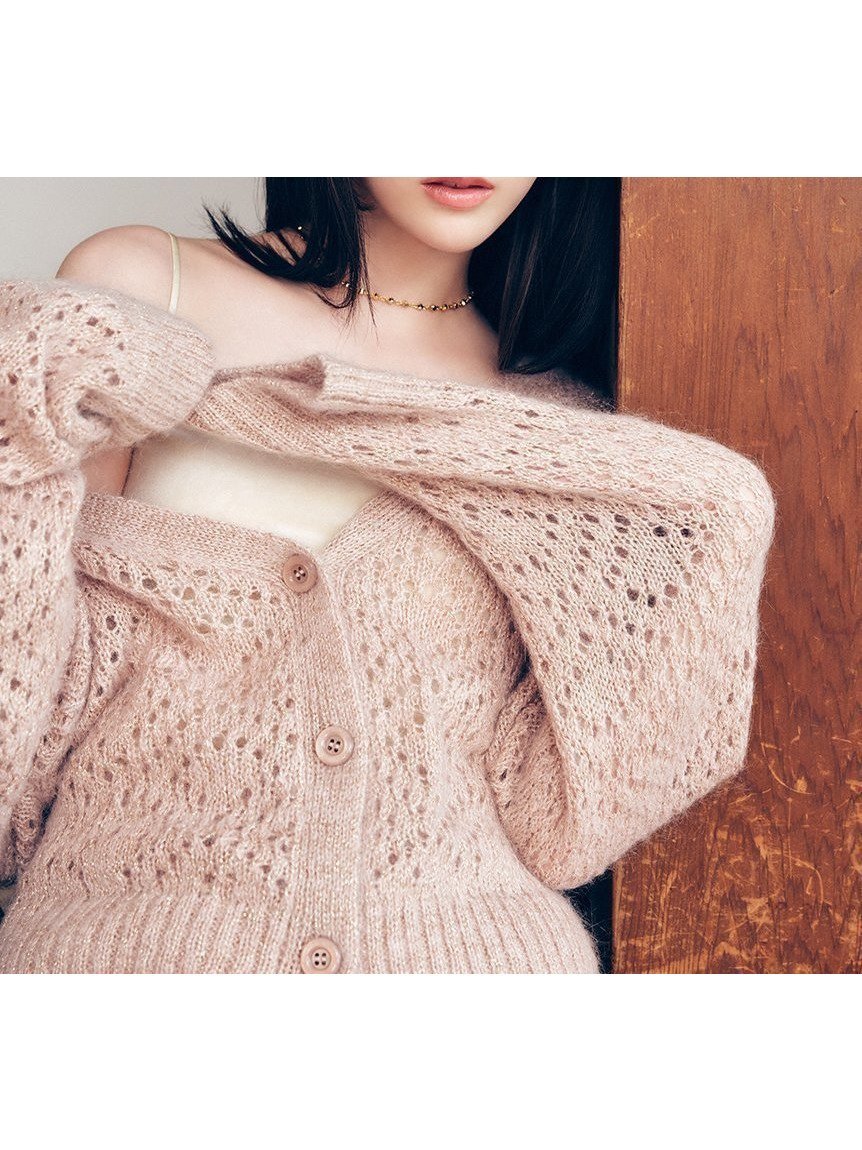 【フレイ アイディー/FRAY I.D】のモヘアミックスラメニットカーディガン インテリア・キッズ・メンズ・レディースファッション・服の通販 founy(ファニー) 　ファッション　Fashion　レディースファッション　Fashion for Women　トップス・カットソー　Cut & Sew Tops　ニット　Knit Tops & Sweaters　カーディガン・羽織り　Layered Style Cardigans　カーディガン　Cardigan, Knitwear　クール　Cool, Chic　ショート　Short, Short Length　スマート　Smart, Elegant　セットアップ　Set-Up, Coordinated Outfit　透かし　Cut-Out, Lacework　フェミニン　Feminine, Girly　おすすめ　Recommended / Our Picks　エレガント 上品　Elegant　PNK[066]|ID: prp329100004795195 ipo3291000000034881876