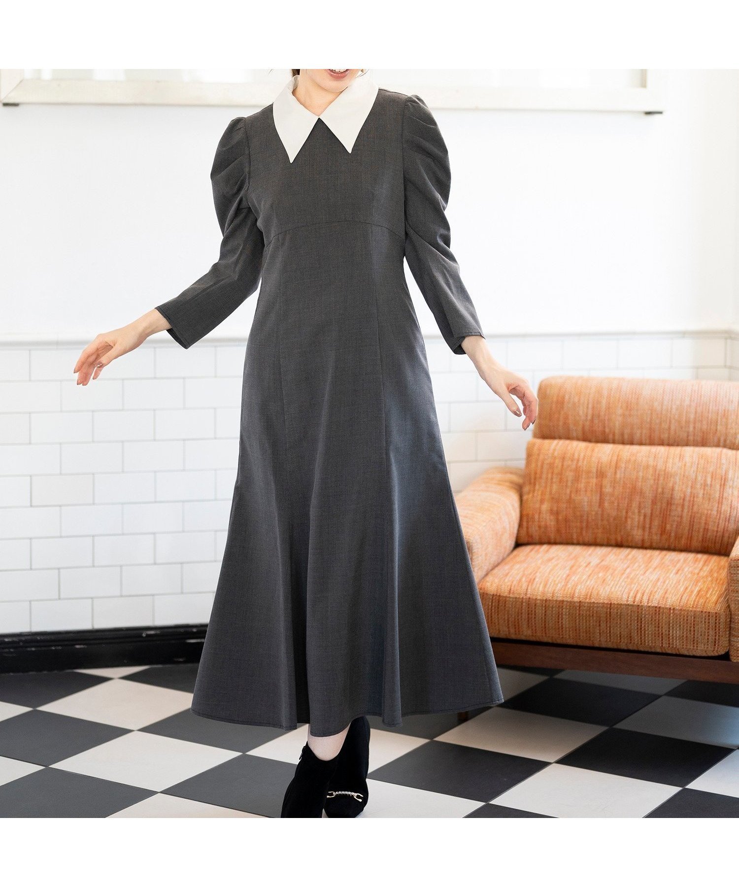 【ミッシュマッシュ/MISCH MASCH】の襟付きマーメイドワンピース インテリア・キッズ・メンズ・レディースファッション・服の通販 founy(ファニー) 　ファッション　Fashion　レディースファッション　Fashion for Women　ワンピース　Dresses　クラシカル　Classical, Vintage-Inspired　スリーブ　Sleeve, Long Sleeve / Short Sleeve　マーメイド　Mermaid, Fishtail Silhouette　グレー|ID: prp329100004795233 ipo3291000000034791806