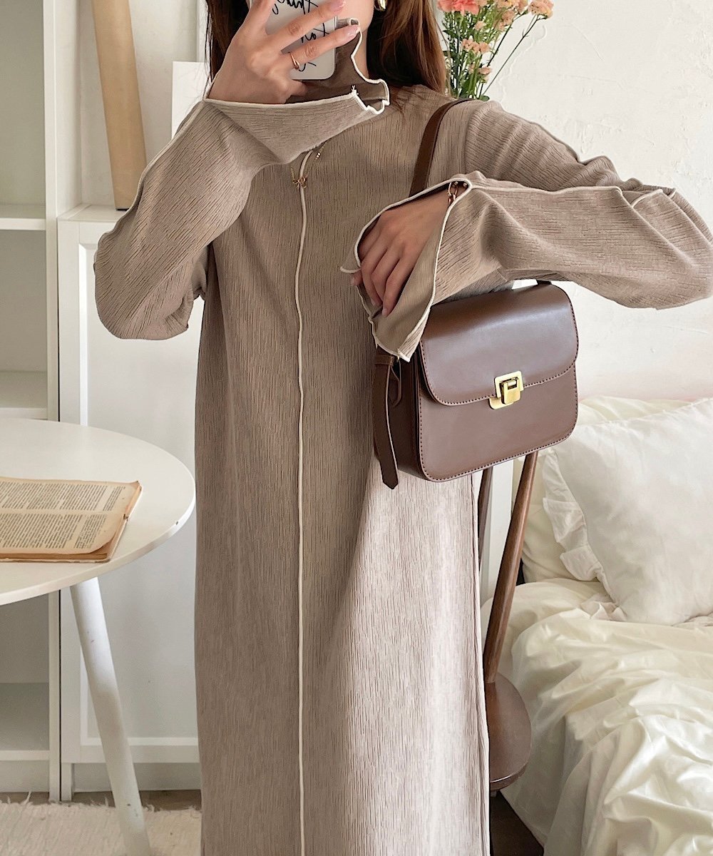 【アンドミー/andme】の楊柳 配色 メロー 長袖 ワンピース インテリア・キッズ・メンズ・レディースファッション・服の通販 founy(ファニー) ファッション Fashion レディースファッション Fashion for Women ワンピース Dresses スリット Slit, Slit Detail 長袖 Long Sleeve, Full Sleeve フィット Fit, Slim Fit ラウンド Round, Round Neck 楽ちん Easy Fit, Comfortable エレガント 上品 Elegant ベージュ|ID: prp329100004795244 ipo3291000000034791899