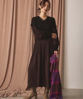 【グレディブリリアン/Gready Brilliant】のVネックニット×プリーツワンピースSET 人気、トレンドファッション・服の通販 founy(ファニー) ファッション Fashion レディースファッション Fashion for Women ワンピース Dresses ドッキング Docking, Mixed Material プリーツ Pleats, Pleated |ID:prp329100004795292