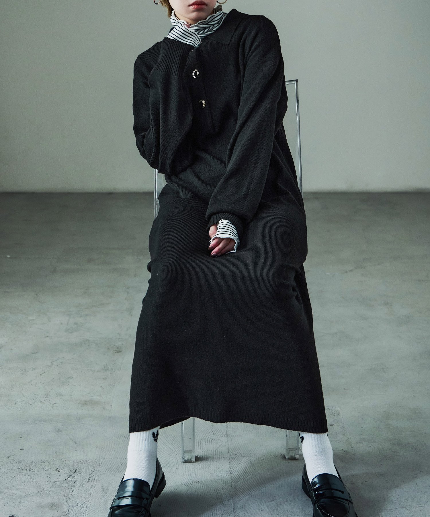 【ビーフラット/bflat】の衿付き シャツニットワンピース インテリア・キッズ・メンズ・レディースファッション・服の通販 founy(ファニー) 　ファッション　Fashion　レディースファッション　Fashion for Women　ワンピース　Dresses　ニットワンピース　Knit Dresses　クラシカル　Classical, Vintage-Inspired　ジャケット　Jacket, Outerwear　スニーカー　Sneakers, Trainers　ハーフ　Half, Half-Length　ブルゾン　Blouson, Bomber Jacket　ポケット　Pocket, Pocket Detail　ロング　Long, Long-Length　ブラック|ID: prp329100004795352 ipo3291000000034792471