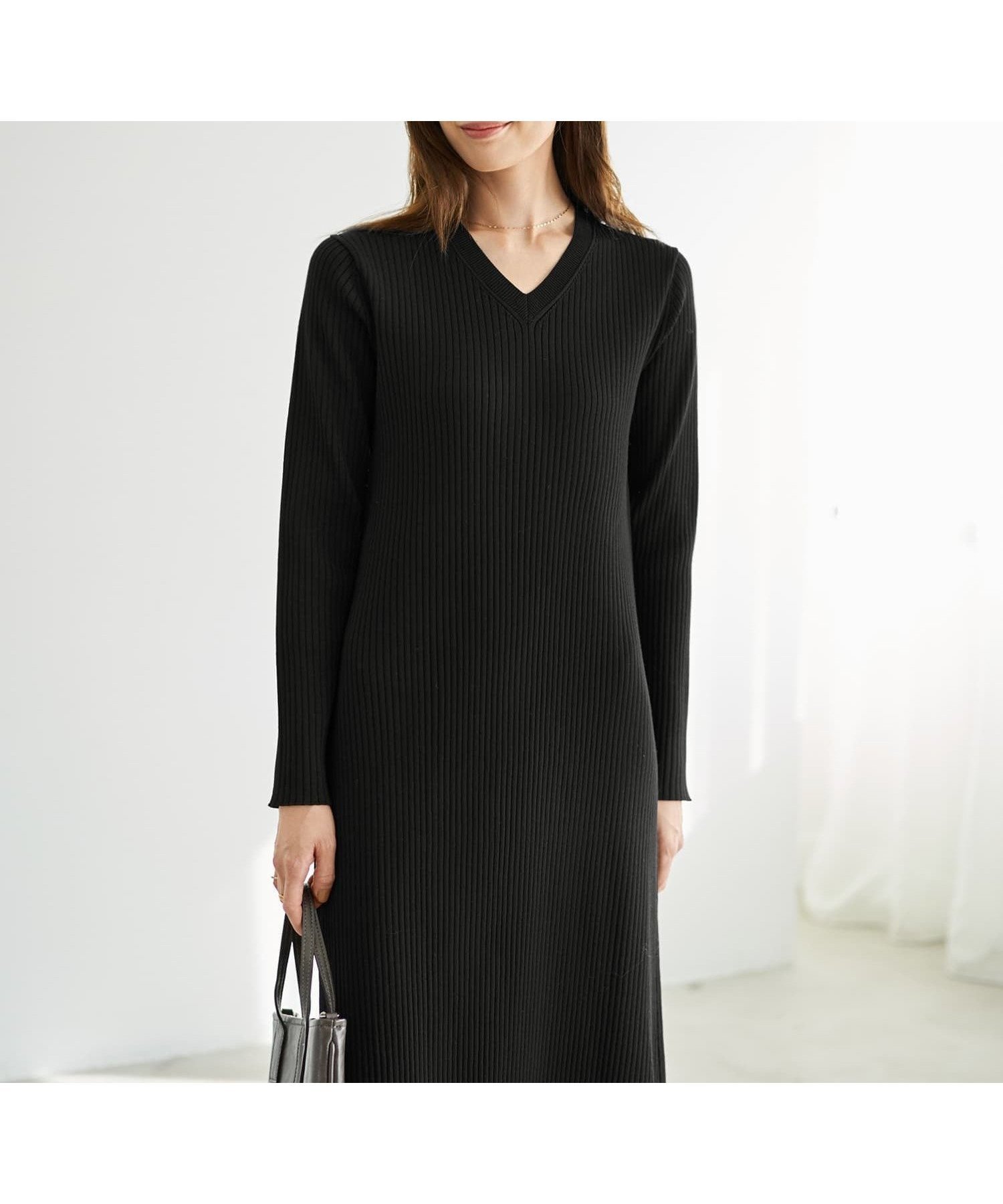 【スタイルデリ/STYLE DELI】のリブ編みVネックロングワンピース インテリア・キッズ・メンズ・レディースファッション・服の通販 founy(ファニー) 　ファッション　Fashion　レディースファッション　Fashion for Women　ワンピース　Dresses　インナー　Innerwear　クール　Cool, Chic　シンプル　Simple, Minimal　スリット　Slit, Slit Detail　定番　Standard, Basic Item　長袖　Long Sleeve, Full Sleeve　パープル　Purple, Violet　フィット　Fit, Slim Fit　ポケット　Pocket, Pocket Detail　防寒　Cold Protection, Winter-Ready　ブラック|ID: prp329100004795423 ipo3291000000034977732