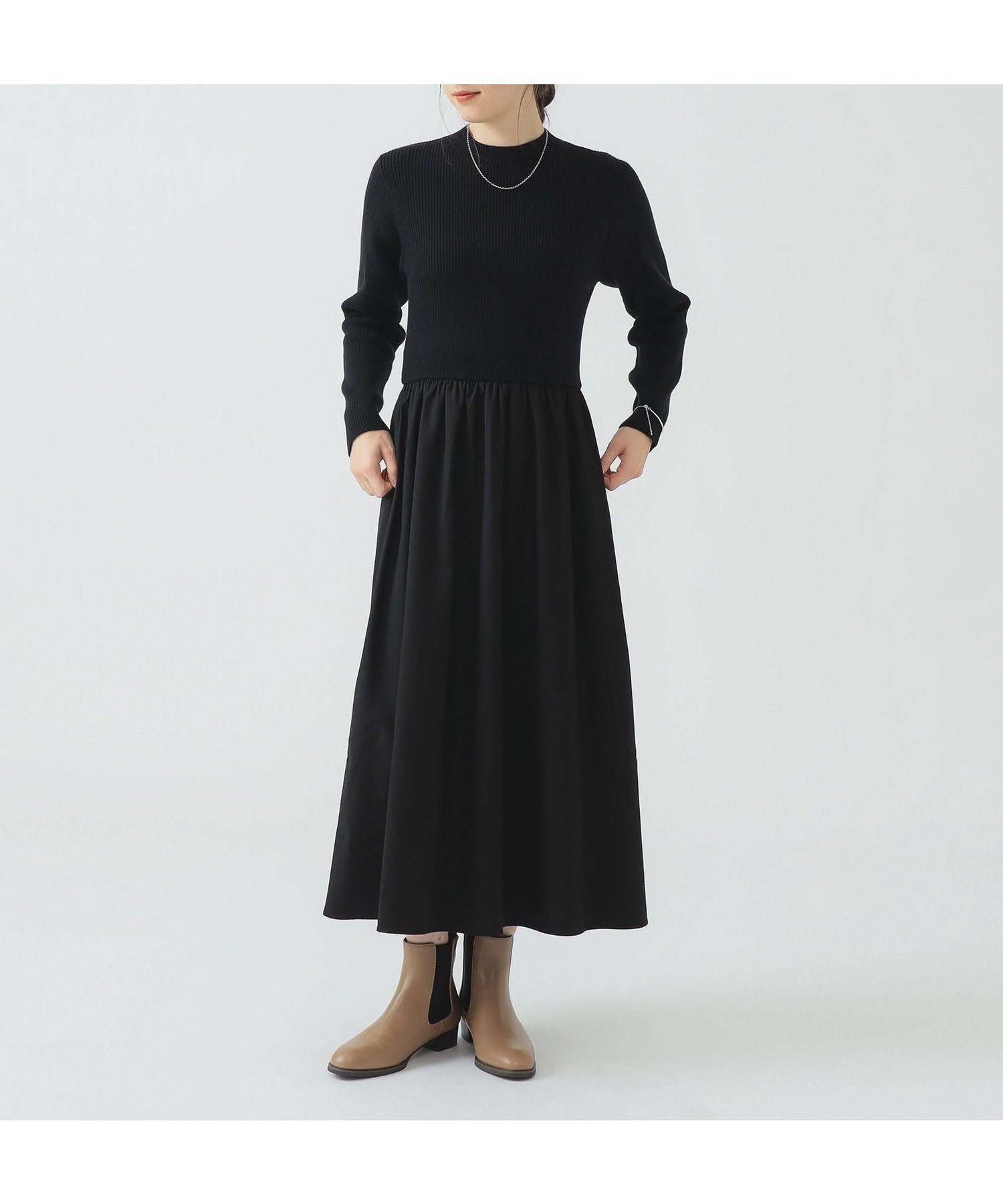 【ビーミングライフストアバイビームス/B:MING LIFE STORE by BEAMS】のドッキング ワンピース(S~M) 25AW きれいめ シンプル インテリア・キッズ・メンズ・レディースファッション・服の通販 founy(ファニー) 　ファッション　Fashion　レディースファッション　Fashion for Women　ワンピース　Dresses　2025年　2025　2025-2026秋冬・A/W　Autumn/Winter 2025–26 AW25–26　おすすめ　Recommended / Our Picks　シンプル　Simple, Minimal　ツイル　Twist, Twisted Detail　ドッキング　Docking, Mixed Material　リブニット　Rib Knit, Ribbed Knit　再入荷　Restock / Back in Stock　BLACK*BLACK|ID: prp329100004795441 ipo3291000000034917642