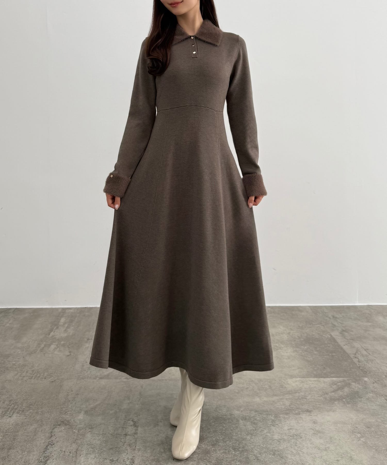 【ジュノア/JUNOAH】のCENEA シャギーカラーフレアニットワンピース インテリア・キッズ・メンズ・レディースファッション・服の通販 founy(ファニー) 　ファッション　Fashion　レディースファッション　Fashion for Women　ワンピース　Dresses　ニットワンピース　Knit Dresses　モカ|ID: prp329100004795447 ipo3291000000034951623