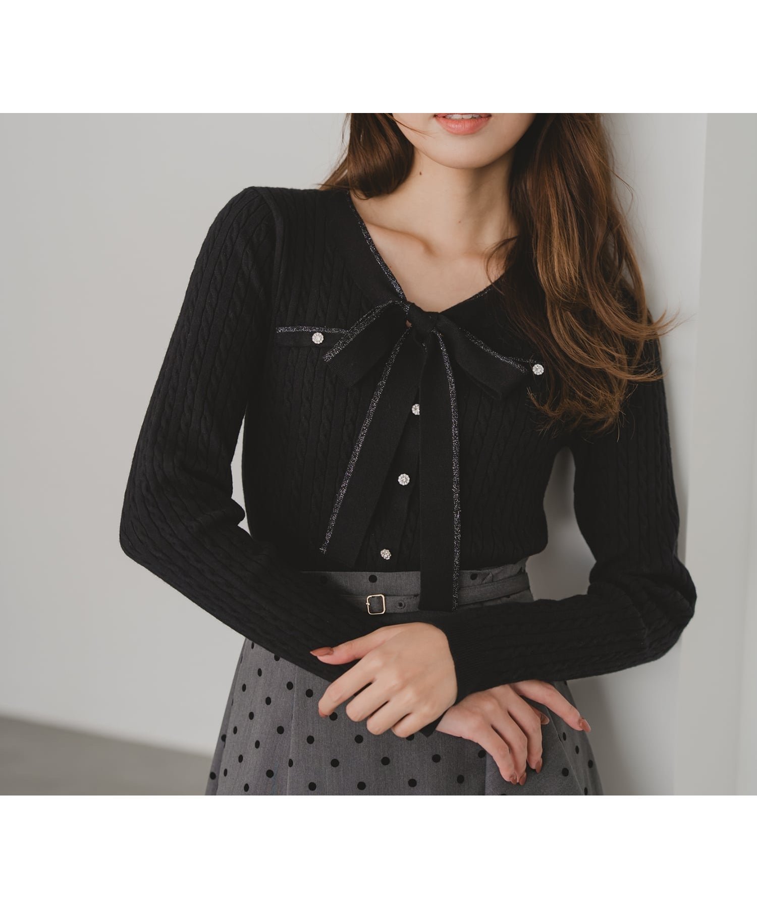 【ミッシュマッシュ/MISCH MASCH】のMM548307 配色ボウタイケーブルニット インテリア・キッズ・メンズ・レディースファッション・服の通販 founy(ファニー) ファッション Fashion レディースファッション Fashion for Women トップス・カットソー Cut & Sew Tops ニット Knit Tops & Sweaters ブラック|ID: prp329100004795460 ipo3291000000034793053