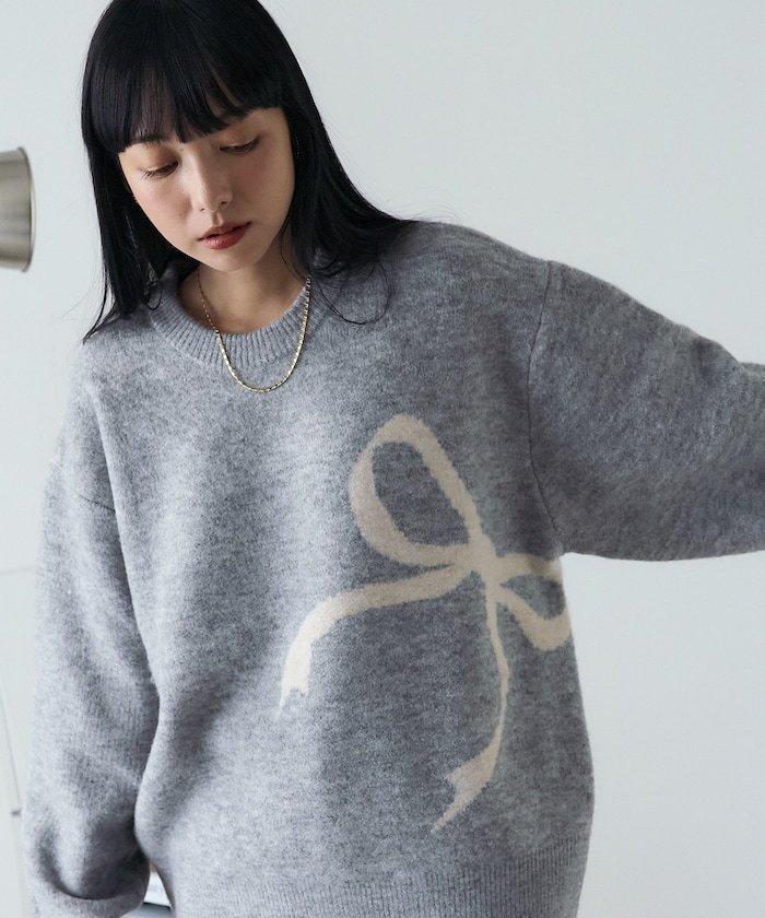 【フリークスストア/FREAK'S STORE】のリボン ジャガードニット 24AW インテリア・キッズ・メンズ・レディースファッション・服の通販 founy(ファニー) 　ファッション　Fashion　レディースファッション　Fashion for Women　トップス・カットソー　Cut & Sew Tops　ニット　Knit Tops & Sweaters　2024年　2024　2024-2025秋冬・A/W　Autumn/Winter 2024–25 AW24–25　冬　Winter / This Winter　ベーシック　Basic, Essential　モチーフ　Motif, Design Theme　リボン　Ribbon, Bow　A/W・秋冬　Autumn/Winter　ライトグレー|ID: prp329100004795554 ipo3291000000034793546