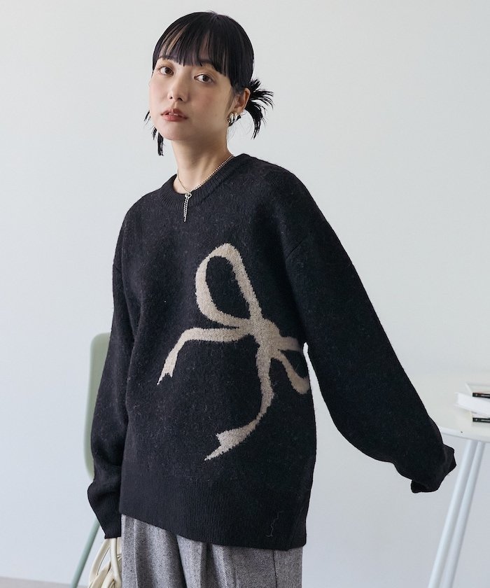 【フリークスストア/FREAK'S STORE】のリボン ジャガードニット 24AW インテリア・キッズ・メンズ・レディースファッション・服の通販 founy(ファニー) 　ファッション　Fashion　レディースファッション　Fashion for Women　トップス・カットソー　Cut & Sew Tops　ニット　Knit Tops & Sweaters　2024年　2024　2024-2025秋冬・A/W　Autumn/Winter 2024–25 AW24–25　冬　Winter / This Winter　ベーシック　Basic, Essential　モチーフ　Motif, Design Theme　リボン　Ribbon, Bow　A/W・秋冬　Autumn/Winter　ブラック|ID: prp329100004795554 ipo3291000000034793547