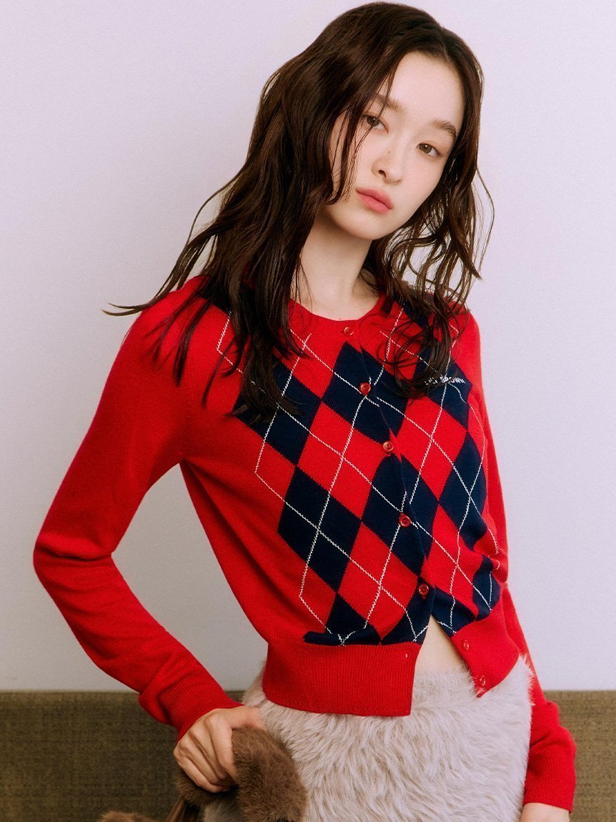 【リリーブラウン/Lily Brown】のロゴ刺繍アーガイルカーディガン インテリア・キッズ・メンズ・レディースファッション・服の通販 founy(ファニー) 　雑誌掲載アイテム　Magazine Picks & Fashion Features　ファッション雑誌　Fashion Magazines　ノンノ　non-no　アール　ar　ファッション　Fashion　レディースファッション　Fashion for Women　トップス・カットソー　Cut & Sew Tops　カーディガン・羽織り　Layered Style Cardigans　カーディガン　Cardigan, Knitwear　クラシカル　Classical, Vintage-Inspired　11月号　November Issue　スマート　Smart, Elegant　雑誌　Magazine, Fashion Magazine　デニム　Denim, Jeans Material　2月号　February Issue, Feb. Edition　プリーツ　Pleats, Pleated　エレガント 上品　Elegant　RED[046]|ID: prp329100004795572 ipo3291000000034793643