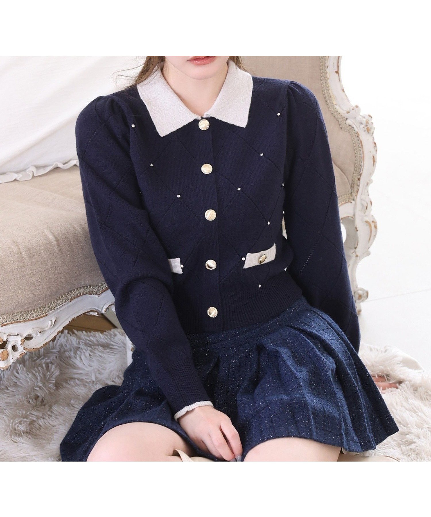 【ナイスクラップ/NICE CLAUP】の配色ビジュー付ポロニット インテリア・キッズ・メンズ・レディースファッション・服の通販 founy(ファニー) 　ファッション　Fashion　レディースファッション　Fashion for Women　トップス・カットソー　Cut & Sew Tops　ニット　Knit Tops & Sweaters　ガーリー　Girly, Feminine Style　コンパクト　Compact, Small Size　シンプル　Simple, Minimal　ツイード　Twill, Twill Weave　ビジュー　Bijou, Jewel-like Accent　ボトム　Bottoms, Lower Wear　ミニスカート　Mini Skirt, Short Skirt　ロング　Long, Long-Length　冬　Winter / This Winter　再入荷　Restock / Back in Stock　おすすめ　Recommended / Our Picks　エレガント 上品　Elegant　2025年　2025　2025-2026秋冬・A/W　Autumn/Winter 2025–26 AW25–26　ネイビー|ID: prp329100004795624 ipo3291000000034793934