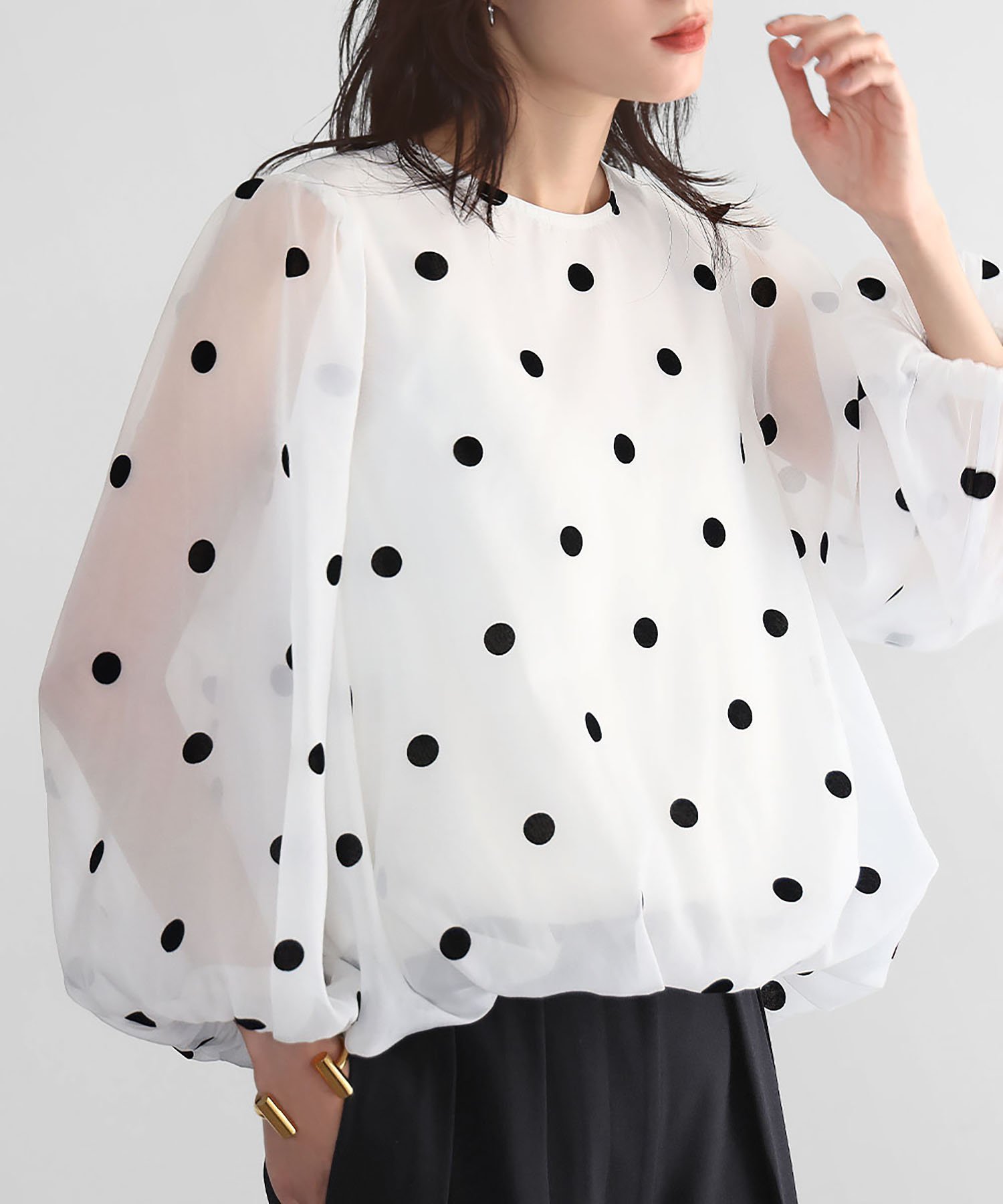 【ガール/GIRL】のドットシアーバルーンブラウス【洗える】 インテリア・キッズ・メンズ・レディースファッション・服の通販 founy(ファニー) 　ファッション　Fashion　レディースファッション　Fashion for Women　トップス・カットソー　Cut & Sew Tops　シャツ・ブラウス・オフィスカジュアル　Elegant Blouses & Button-Ups　オーガンジー　Organza Fabric　洗える　Machine Washable　シアー　Sheer, See-Through　スリーブ　Sleeve, Long Sleeve / Short Sleeve　タイトスカート　Pencil Skirt, Tight Skirt　ドット　Polka Dot, Dot Pattern　バルーン　Balloon, Balloon Silhouette　プリント　Print, Printed Pattern　おすすめ　Recommended / Our Picks　エレガント 上品　Elegant　OWHDOT|ID: prp329100004795652 ipo3291000000034794125