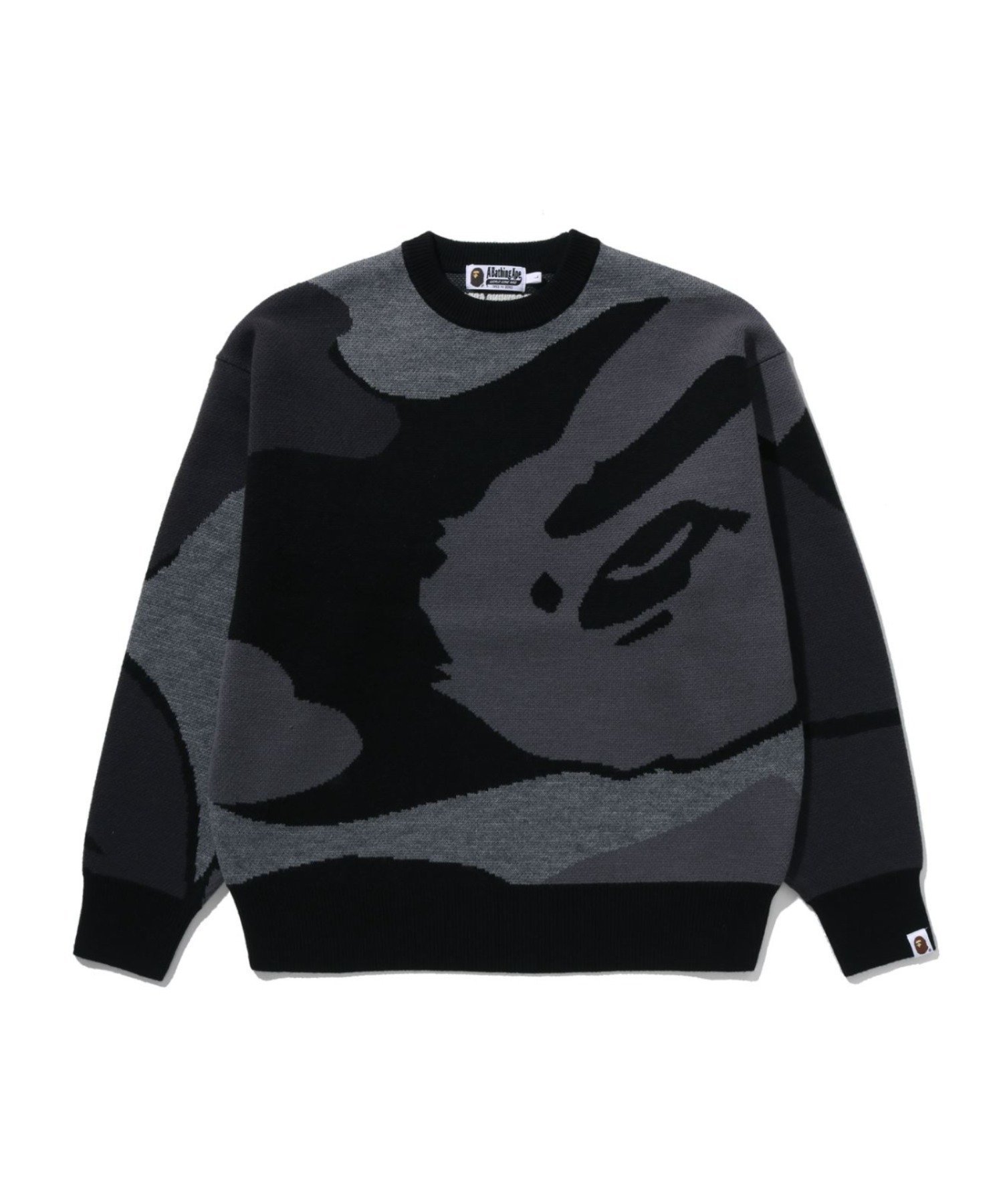 【ア ベイシング エイプ/A BATHING APE】のMEGA ABC CAMO KNIT CREWNECK SWEATSHIRT インテリア・キッズ・メンズ・レディースファッション・服の通販 founy(ファニー) 　ファッション　Fashion　レディースファッション　Fashion for Women　トップス・カットソー　Cut & Sew Tops　ニット　Knit Tops & Sweaters　シャツ・ブラウス・オフィスカジュアル　Elegant Blouses & Button-Ups　レディースパーカー・カジュアルフーディー　Casual Hoodies & Sweatshirts　ロングTシャツ・Tシャツ　Longline T-Shirts & Tees　スウェット・クルーネックトップス　Sweatshirts & Crewnecks / Relaxed Fit Sweat Tops　アクリル　Acrylic Material　BLACK|ID: prp329100004795699 ipo3291000000034871262