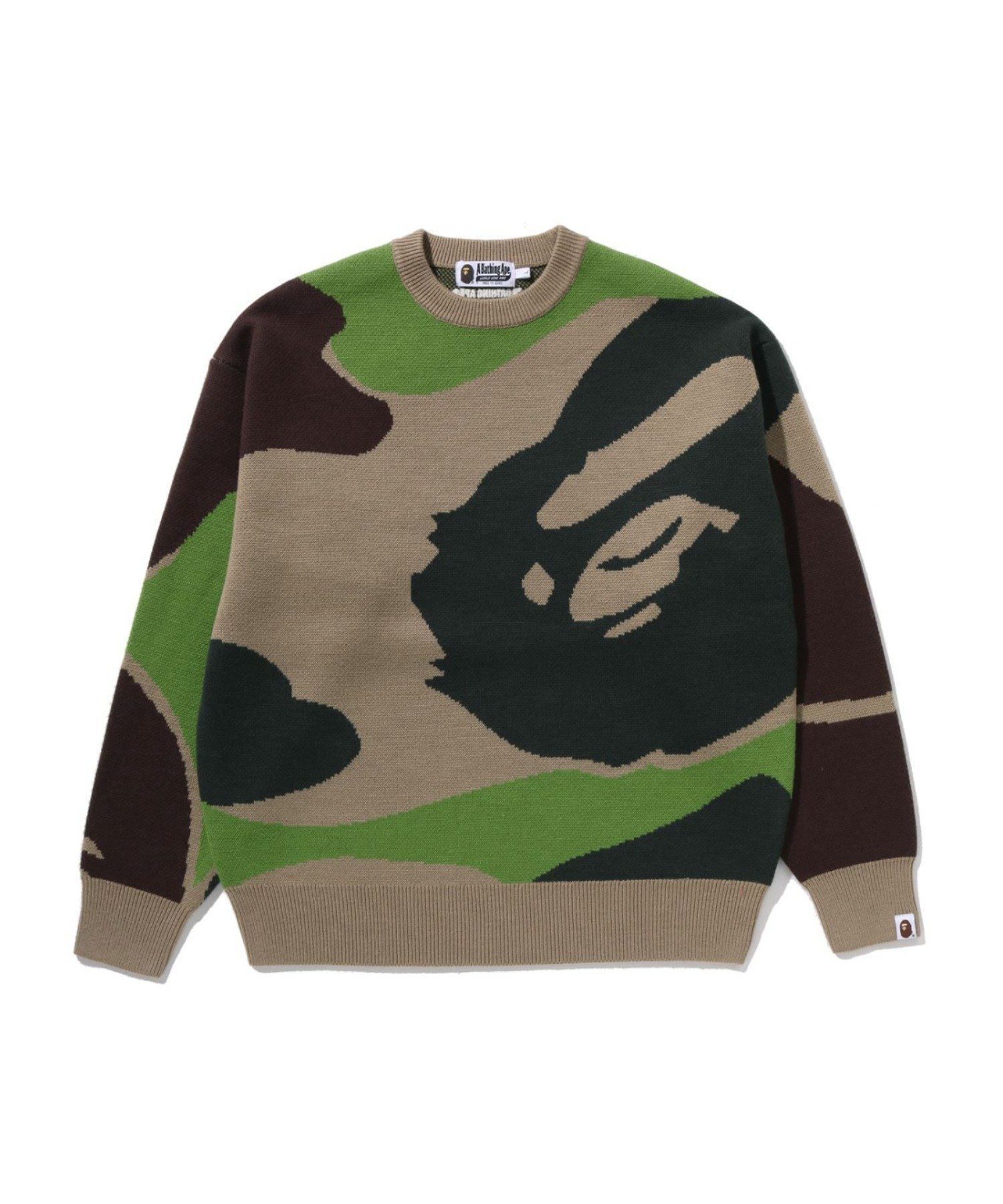 【ア ベイシング エイプ/A BATHING APE】のMEGA ABC CAMO KNIT CREWNECK SWEATSHIRT インテリア・キッズ・メンズ・レディースファッション・服の通販 founy(ファニー) 　ファッション　Fashion　レディースファッション　Fashion for Women　トップス・カットソー　Cut & Sew Tops　ニット　Knit Tops & Sweaters　シャツ・ブラウス・オフィスカジュアル　Elegant Blouses & Button-Ups　レディースパーカー・カジュアルフーディー　Casual Hoodies & Sweatshirts　ロングTシャツ・Tシャツ　Longline T-Shirts & Tees　スウェット・クルーネックトップス　Sweatshirts & Crewnecks / Relaxed Fit Sweat Tops　アクリル　Acrylic Material　GREEN|ID: prp329100004795699 ipo3291000000034871263